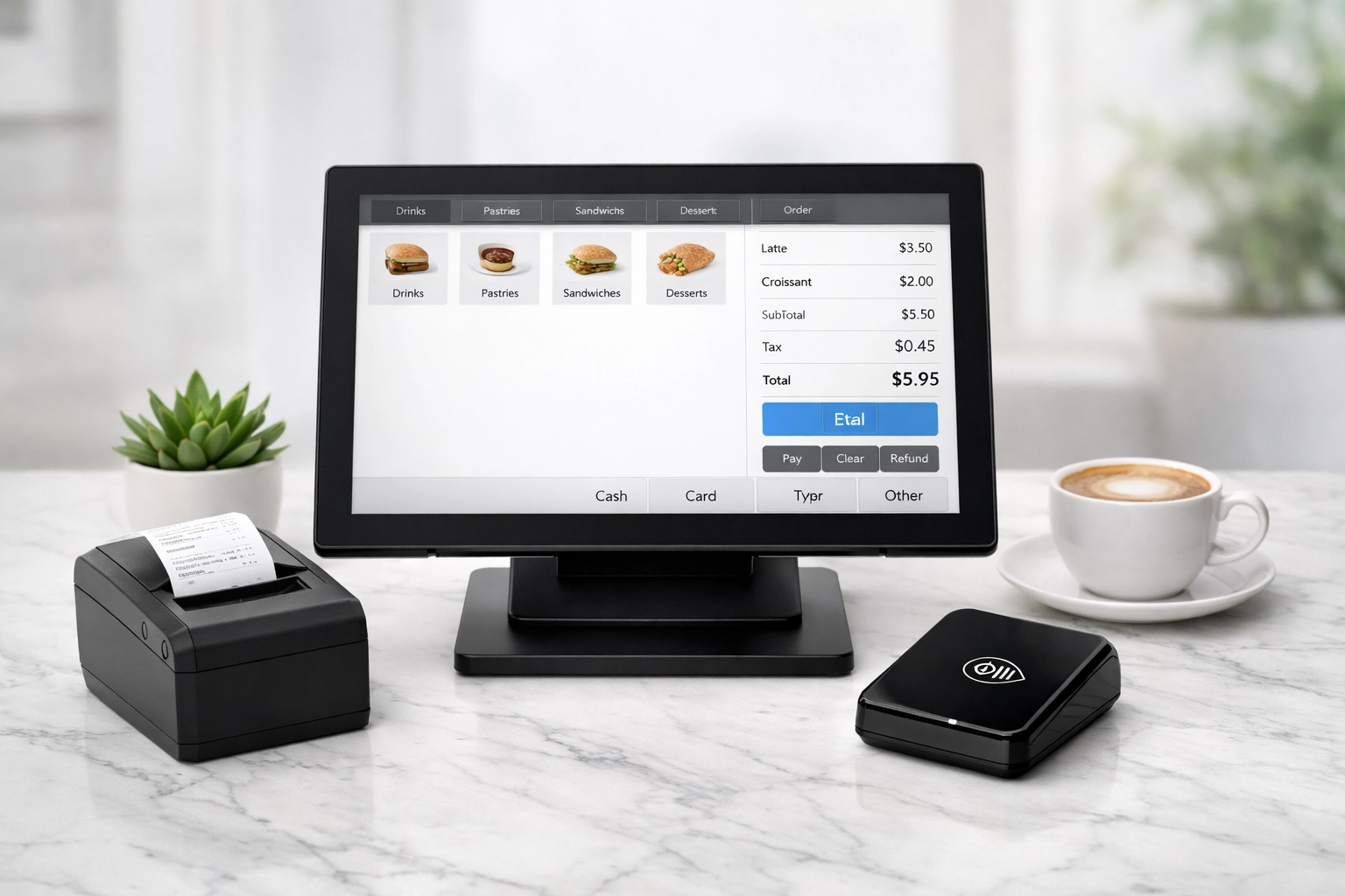 A complete epos now till system setup with touchscreen monitor and printer on a counter.