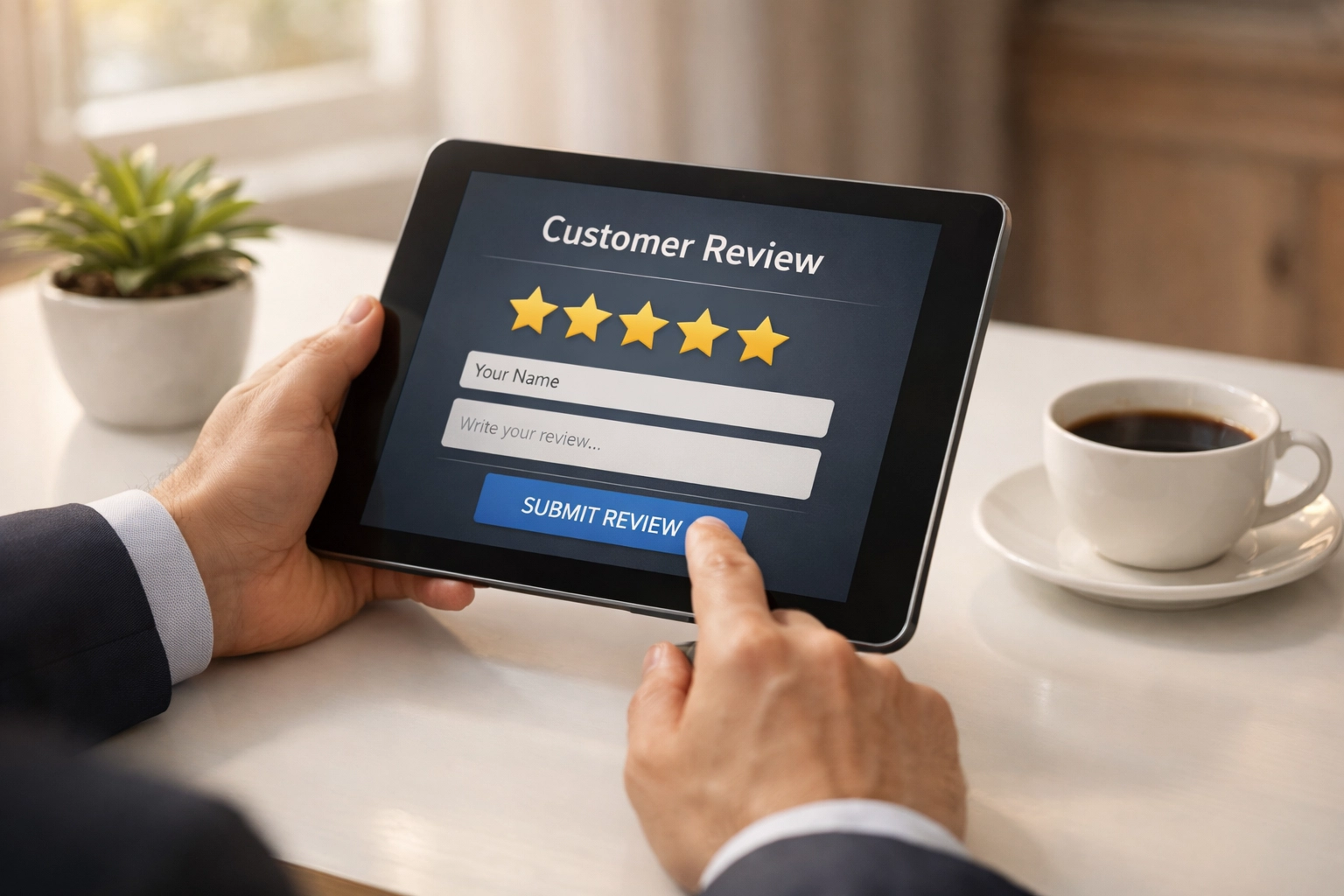 Business owner reviewing 5-star customer feedback on tablet for local SEO trust signals