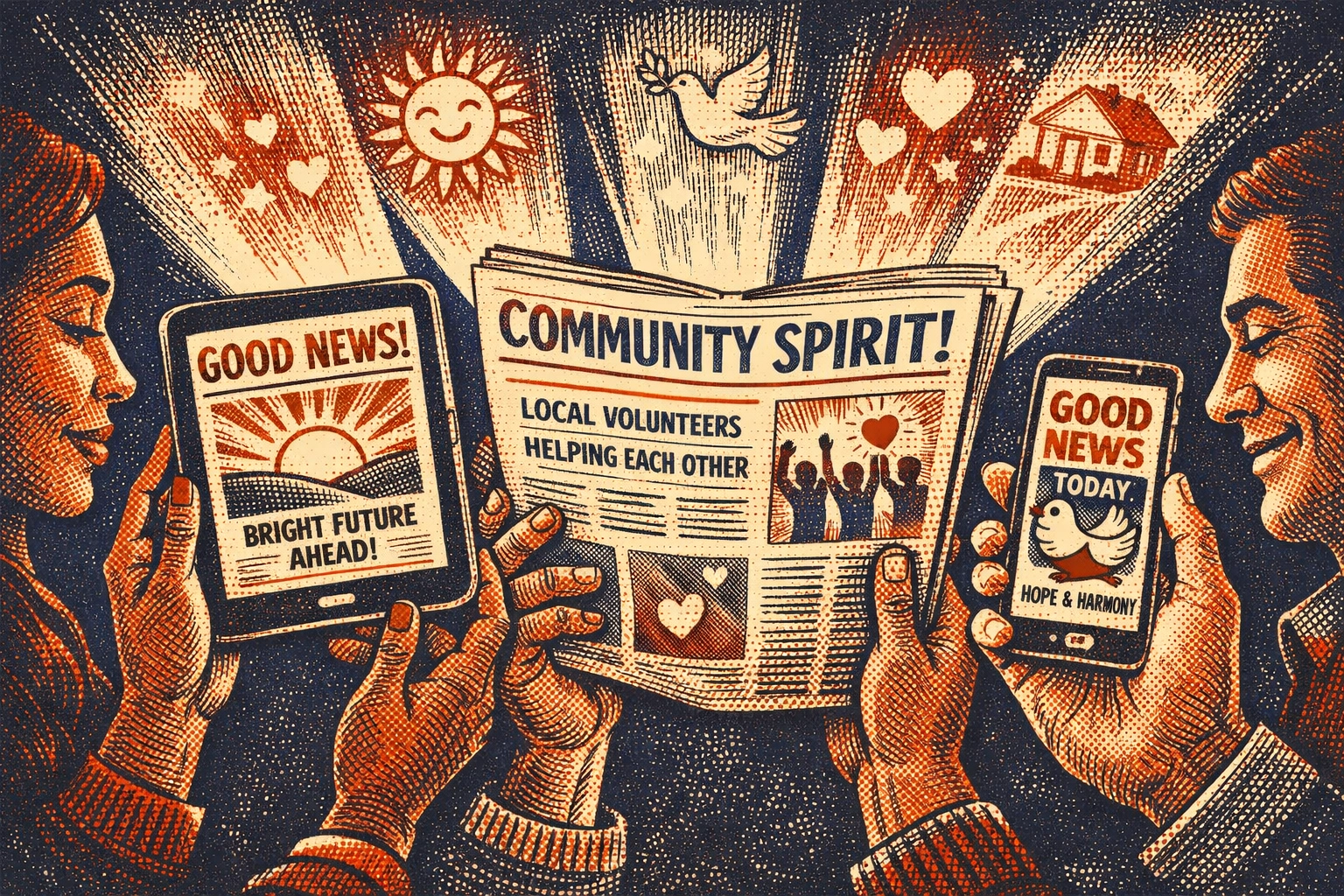 Diverse people reading positive news on devices with peaceful, hopeful expressions