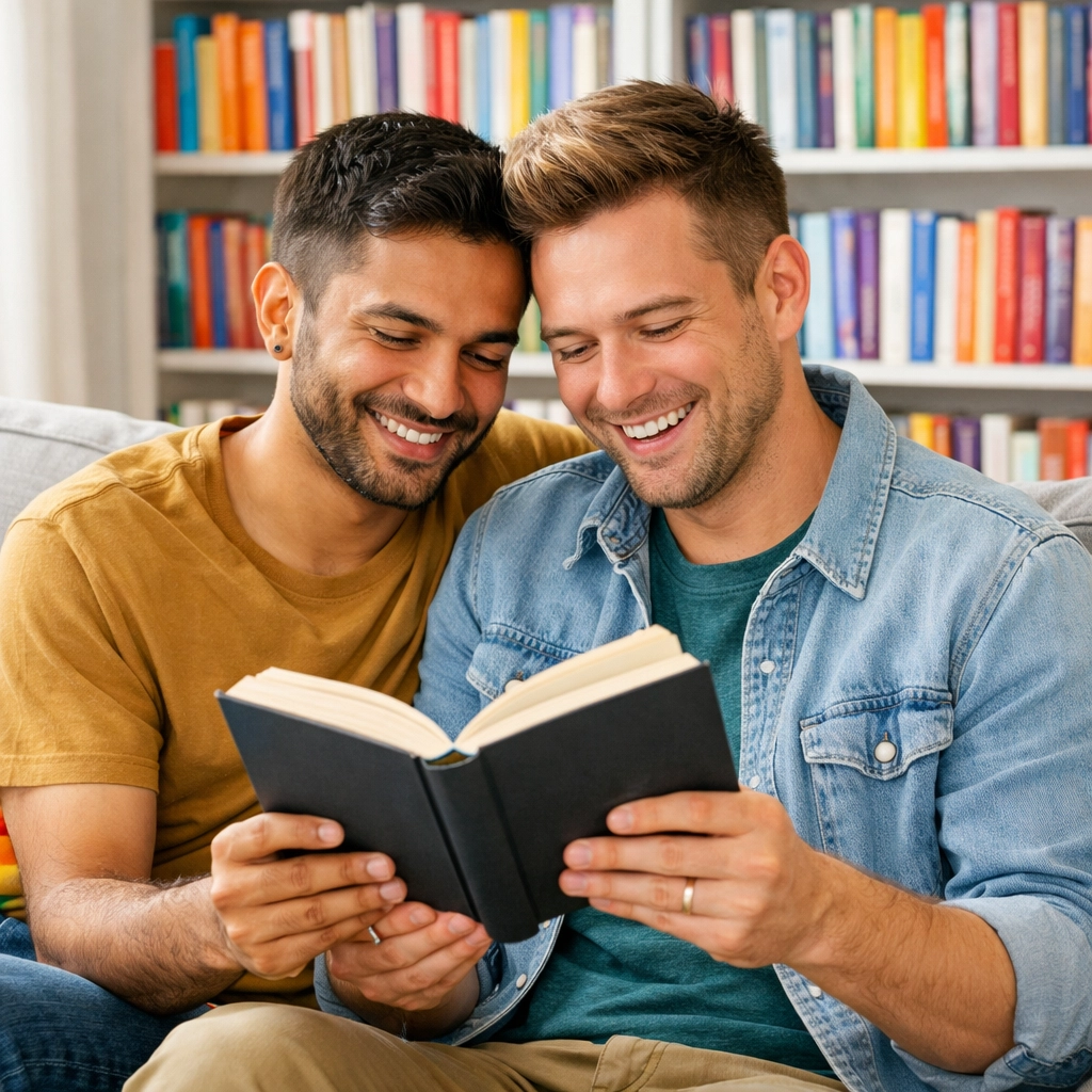 Modern gay couple smiling and reading an LGBTQ+ book together on a cozy sofa.