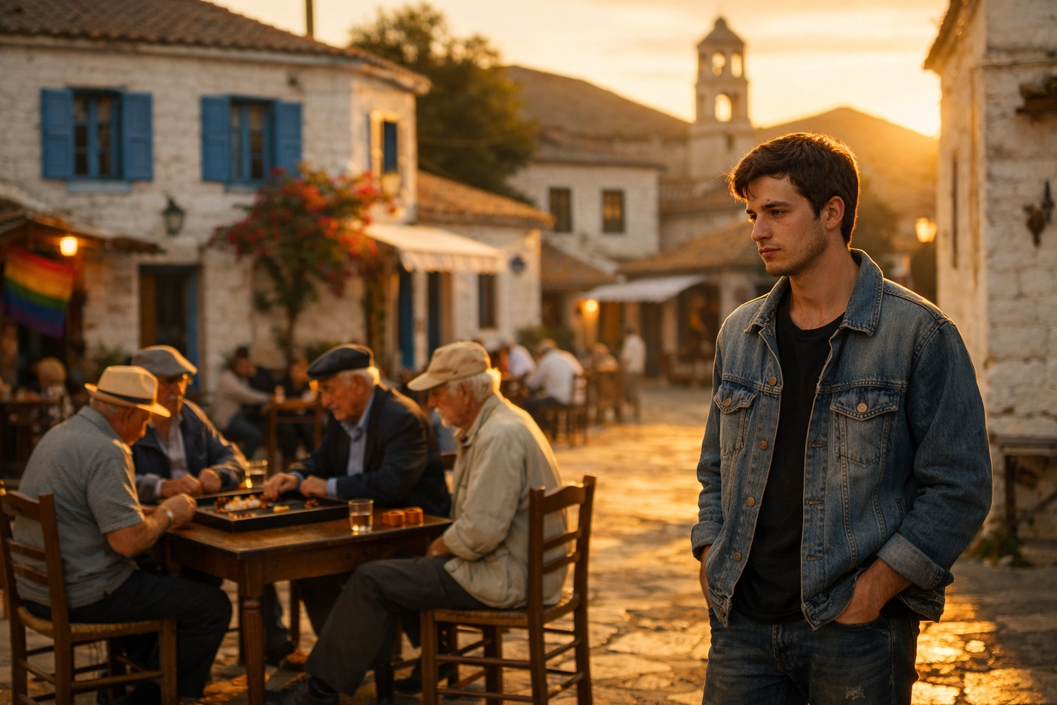 Young gay man standing alone in traditional Greek village square representing hidden LGBTQ+ identity
