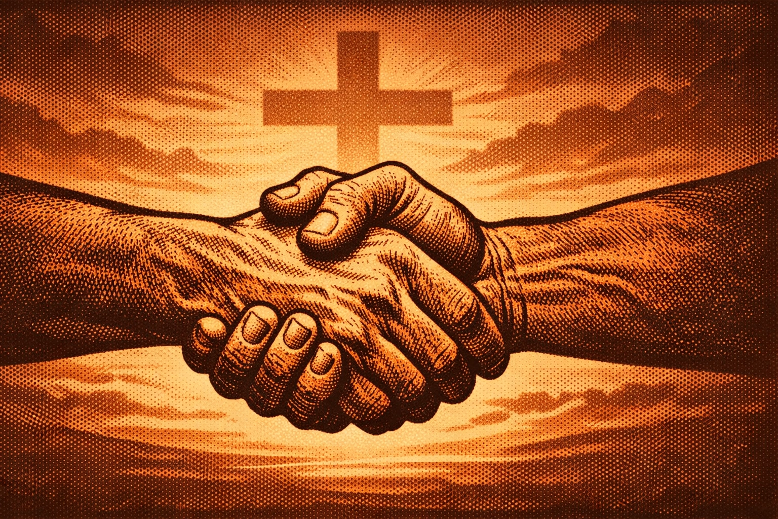 Hands shaking in reconciliation with a cross in the background, symbolizing faith-led peace.