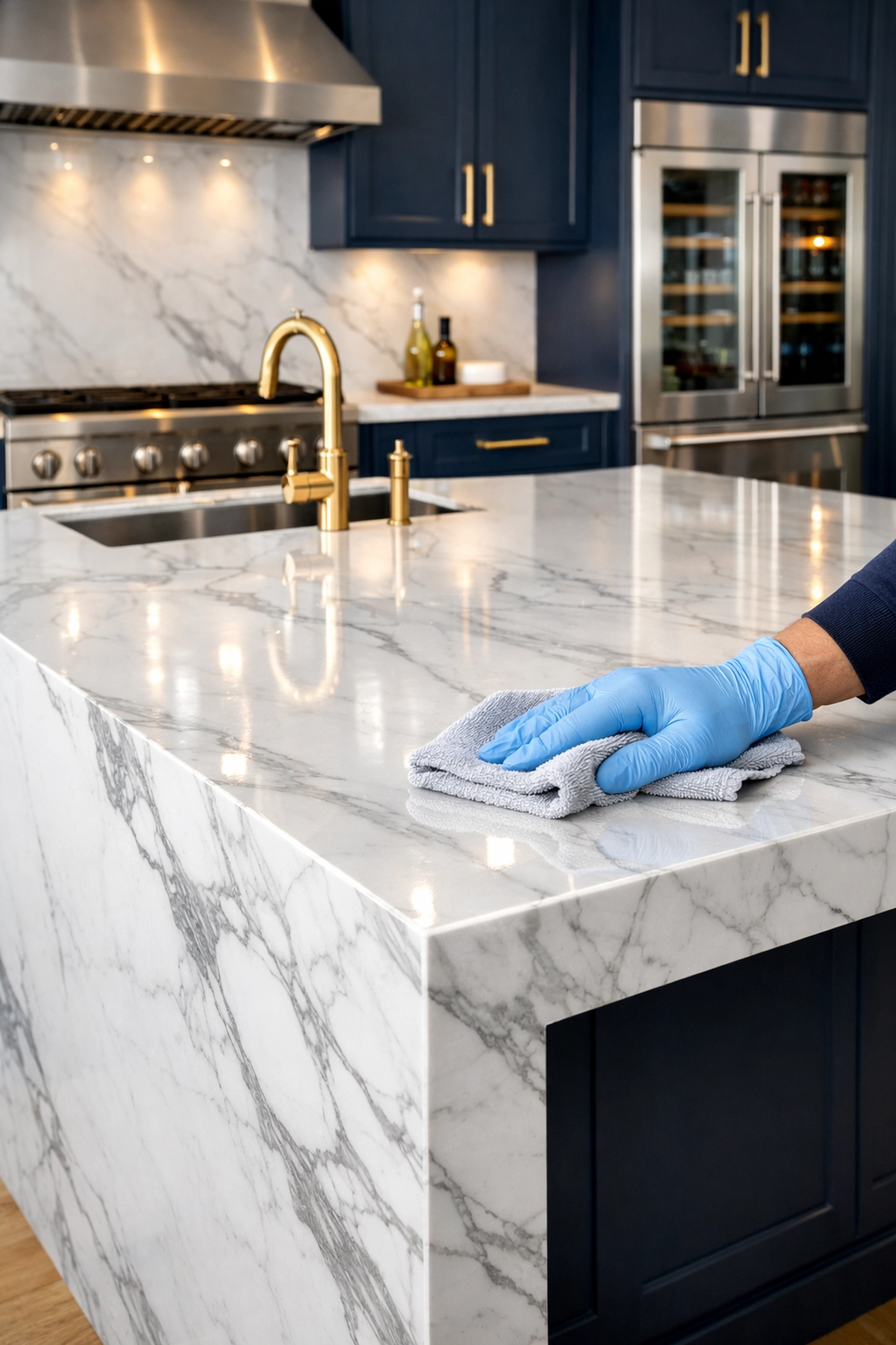 Elite Dover residential cleaning professionals polishing a luxury Calacatta marble kitchen island.