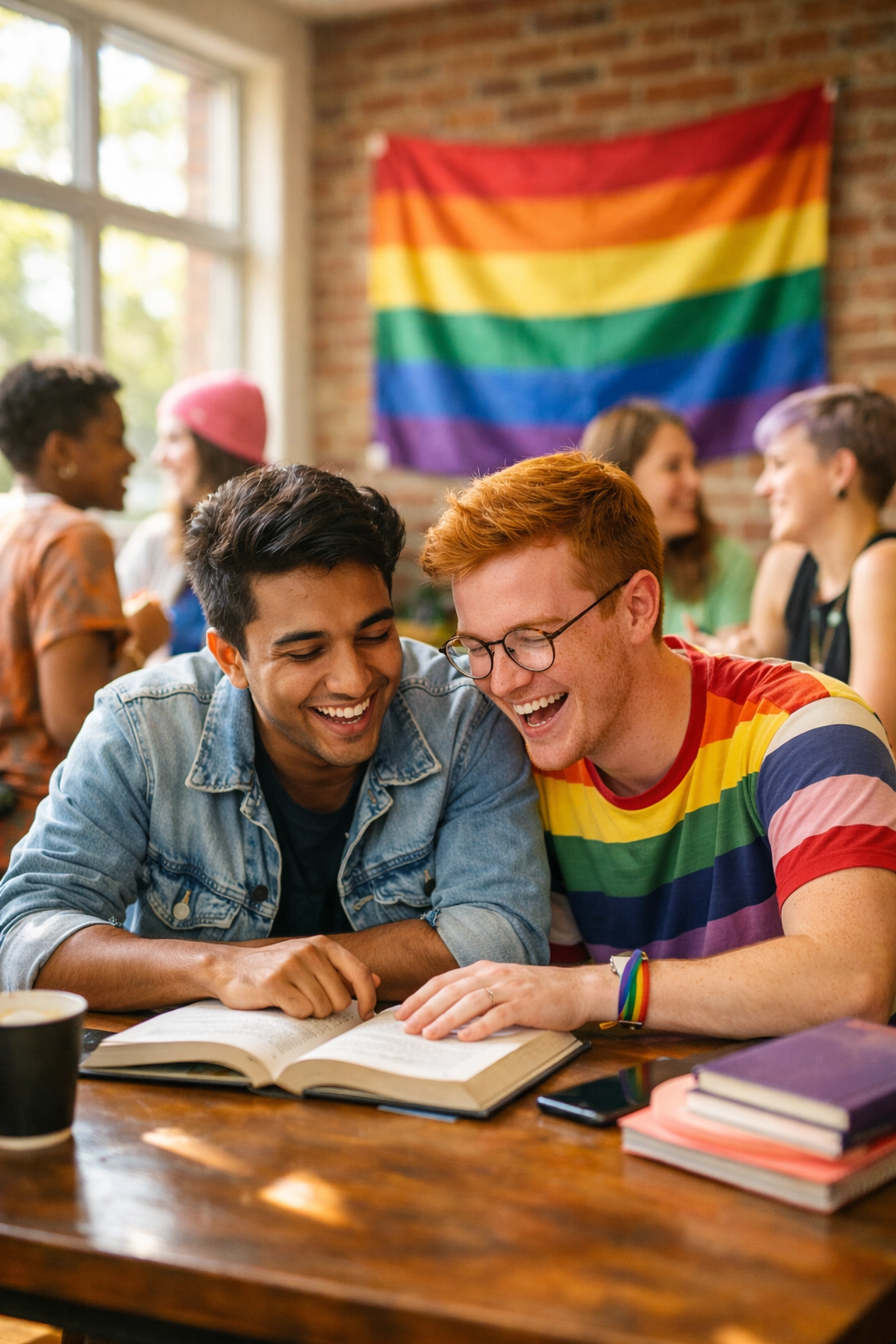 Diverse LGBTQ+ students connecting in a sunlit UniQ Otago common room, celebrating queer community in Dunedin.