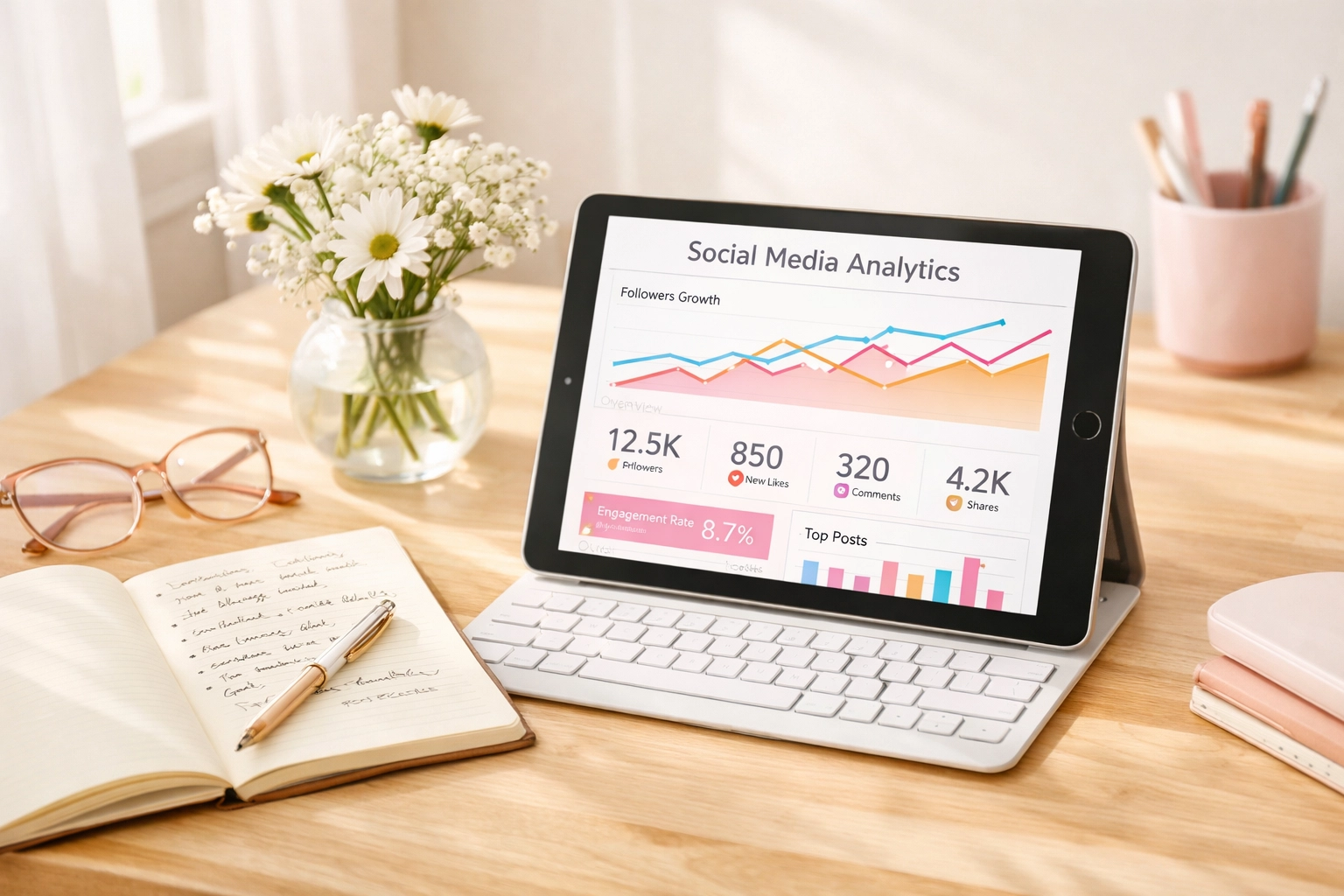 Tablet displaying social media analytics dashboard with notebook on desk