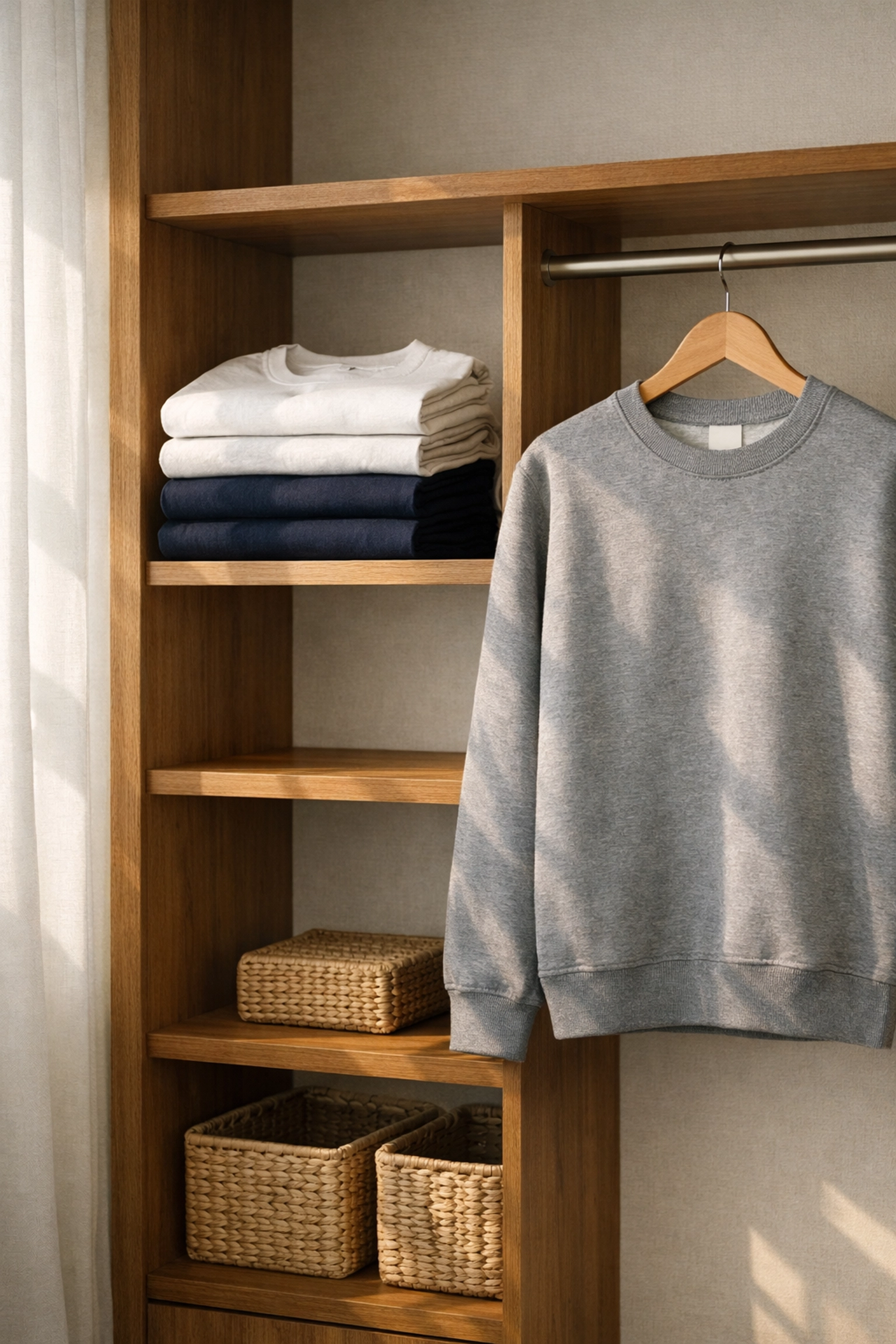Organized minimalist closet with capsule wardrobe of high vibration tees and quality basics