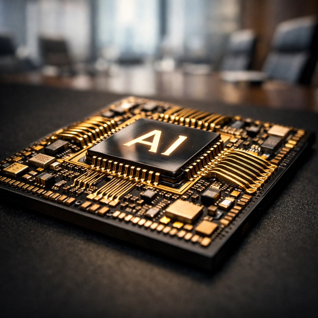 Detailed view of an AI microchip powering new enterprise solutions and robotics research.