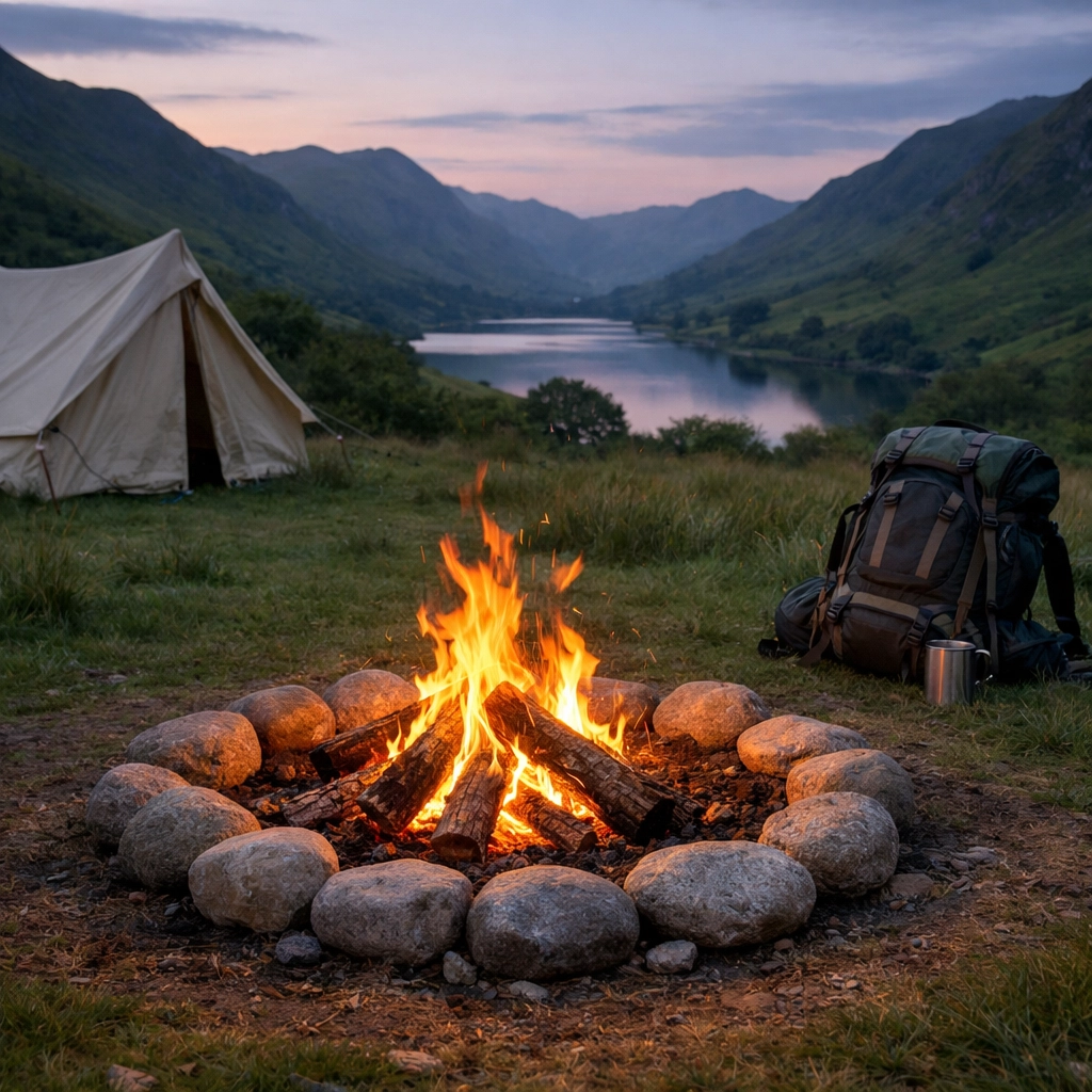 Small campfire in a stone circle near a tent in the Lake District for a wild camping adventure.