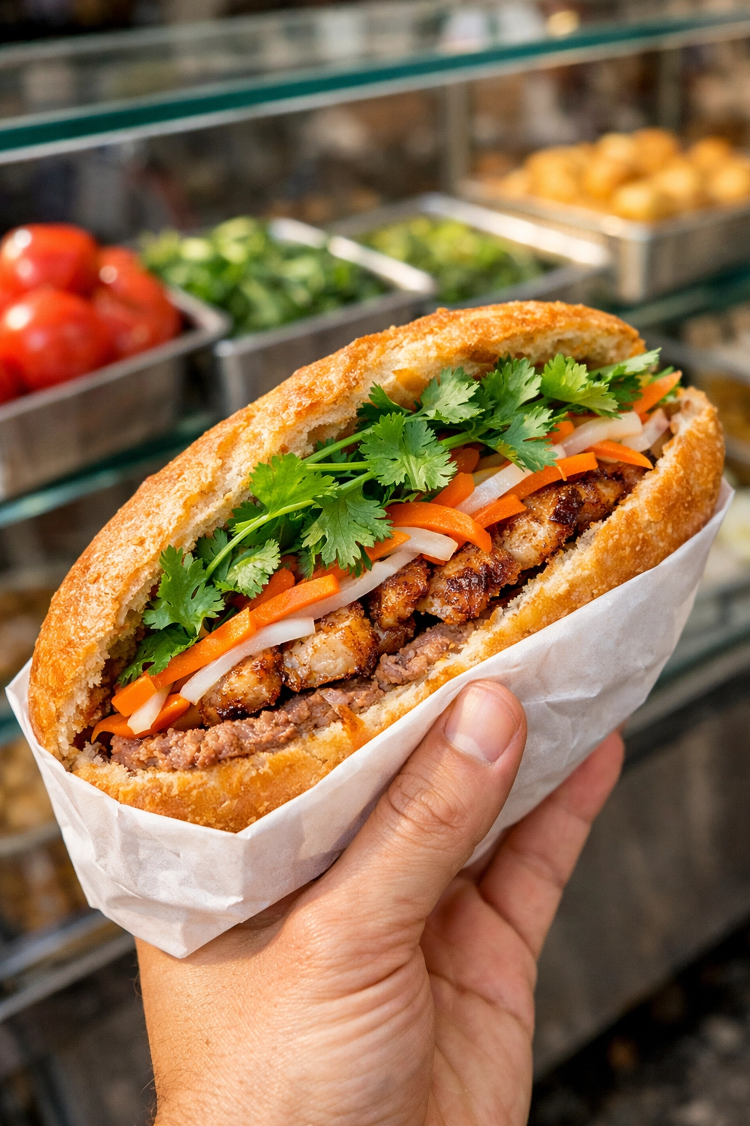 Hand holding a fresh Banh Mi sandwich with pâté and herbs, one of the best cheap eats in Hanoi.