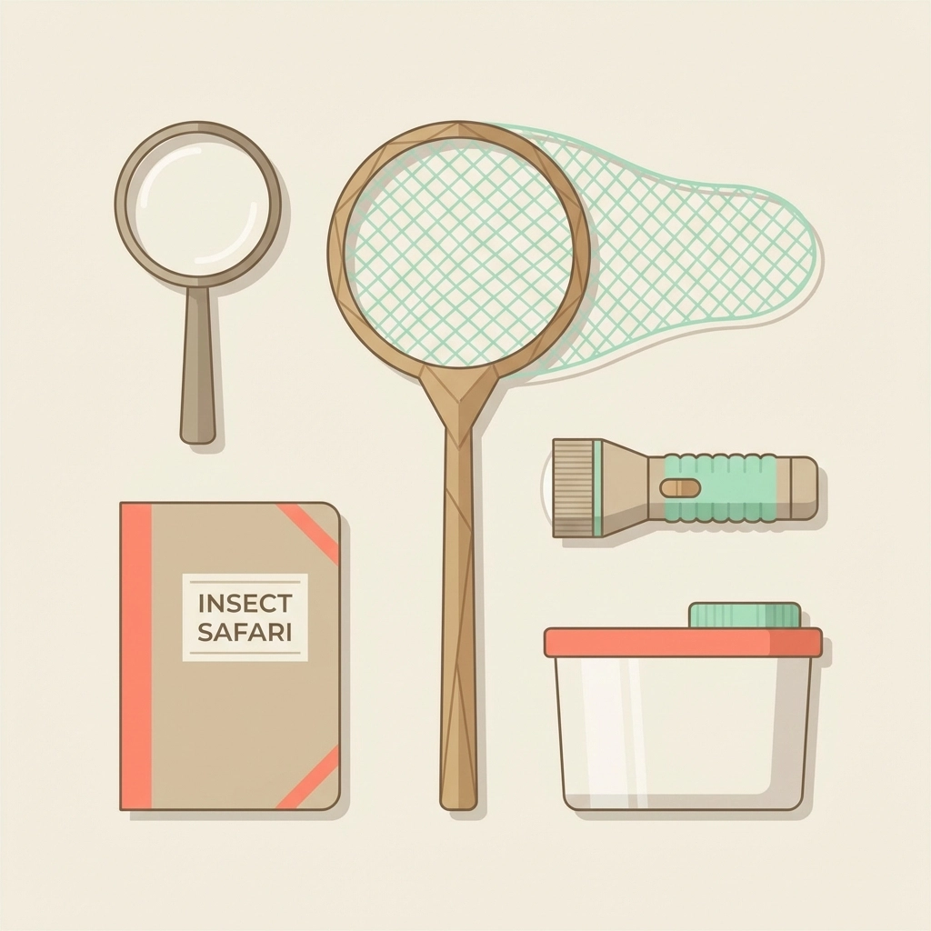 Flat lay of insect safari tools including magnifying glass, net, notebook, flashlight, and container for backyard exploration