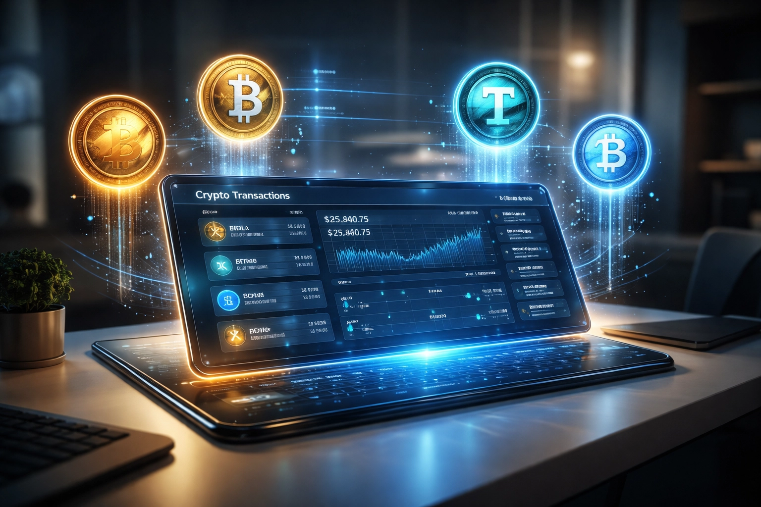 A cryptocurrency dashboard highlights LUSD stablecoin transactions, showing streamlined crypto payments for merchants.