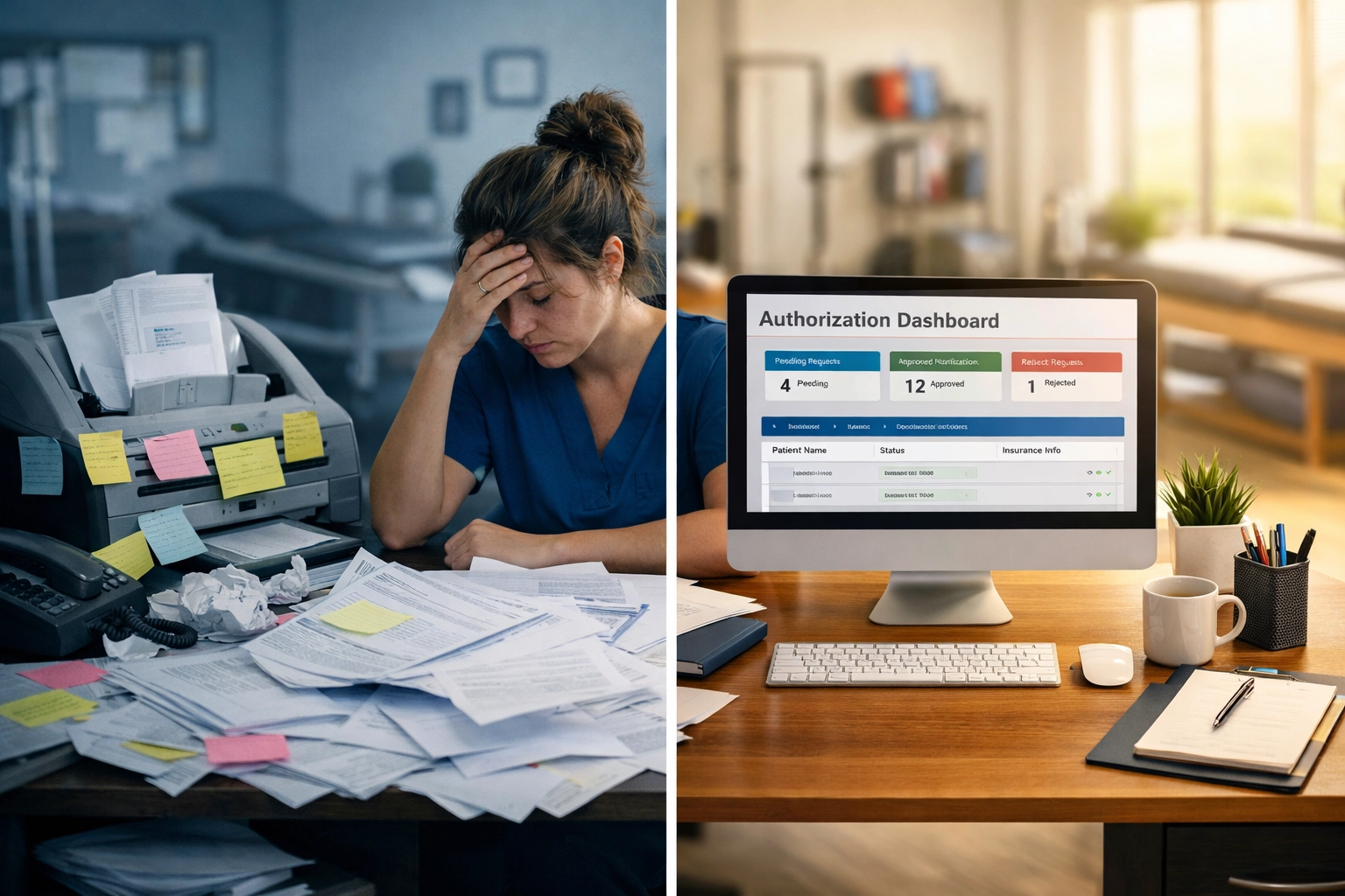 Are Electronic Prior Authorizations Dead? What Therapy Clinics Actually Need to Know About ePA in 2026 Before and after comparison of therapy clinic transitioning from paper to electronic prior authorizations