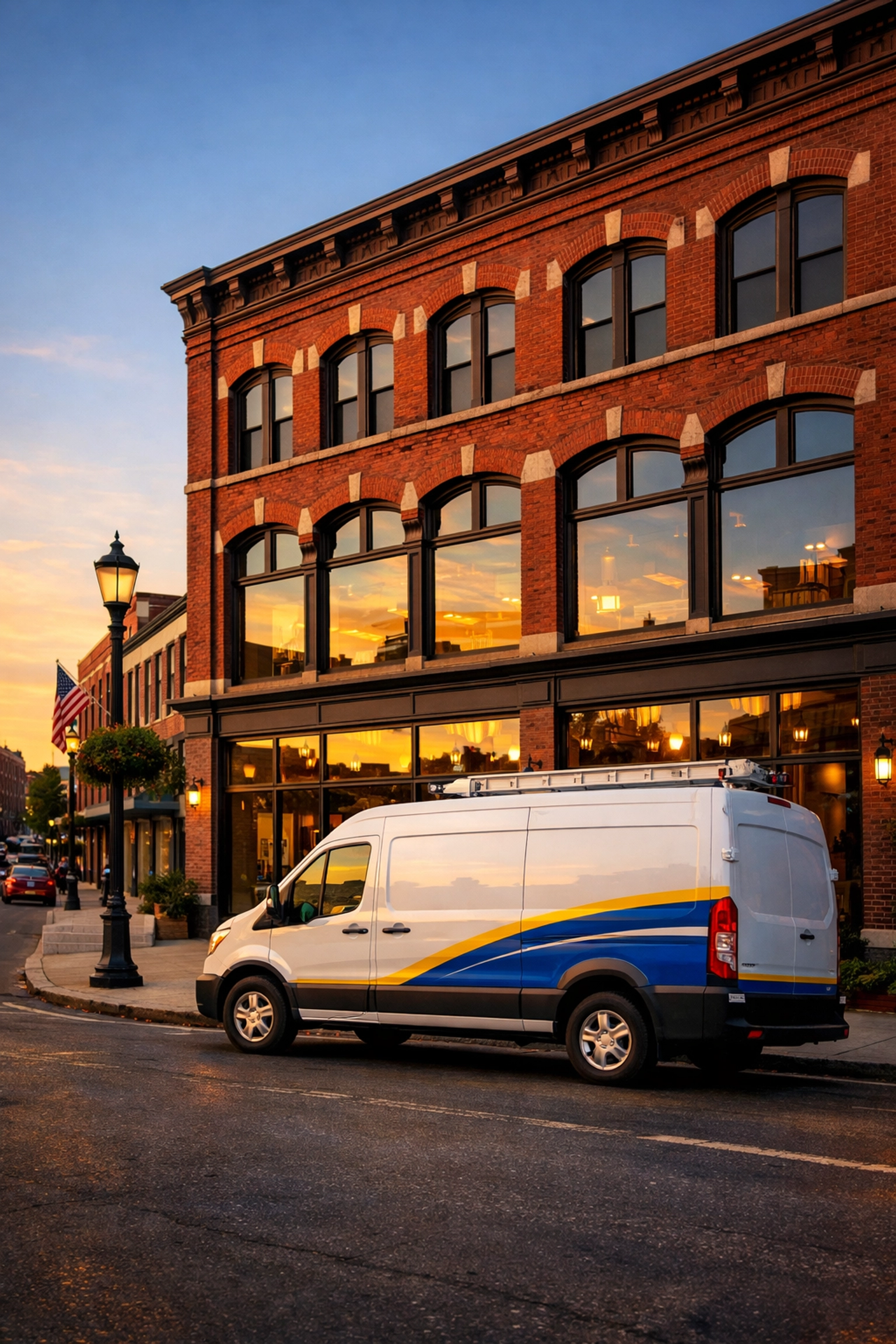 Professional cleaning service van parked outside a pristine brick commercial building in Fitchburg.