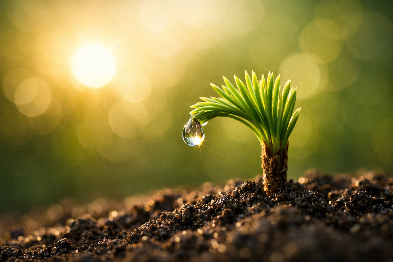 A young pine sprout emerging from soil at sunrise, symbolizing spiritual growth and hidden good news.