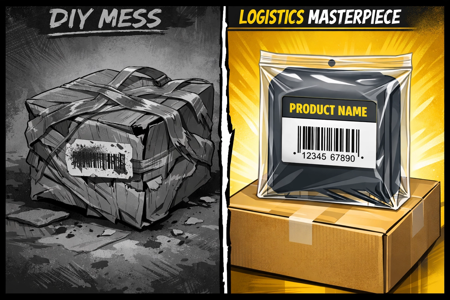 Comparison of messy DIY packing versus compliant labels from an amazon fba prep service.