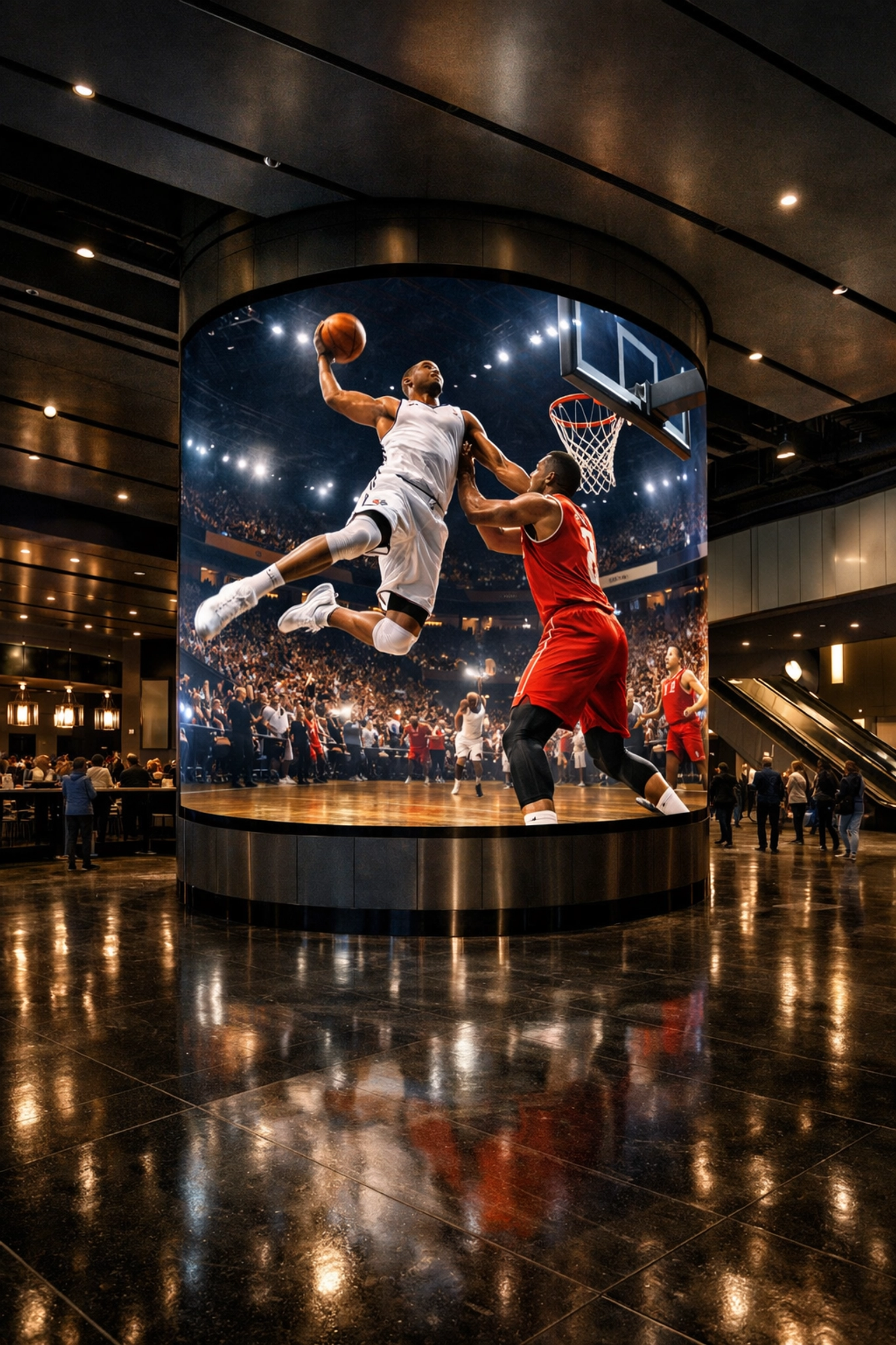 Curved LED digital signage in a sports arena promoting fan engagement and sports marketing