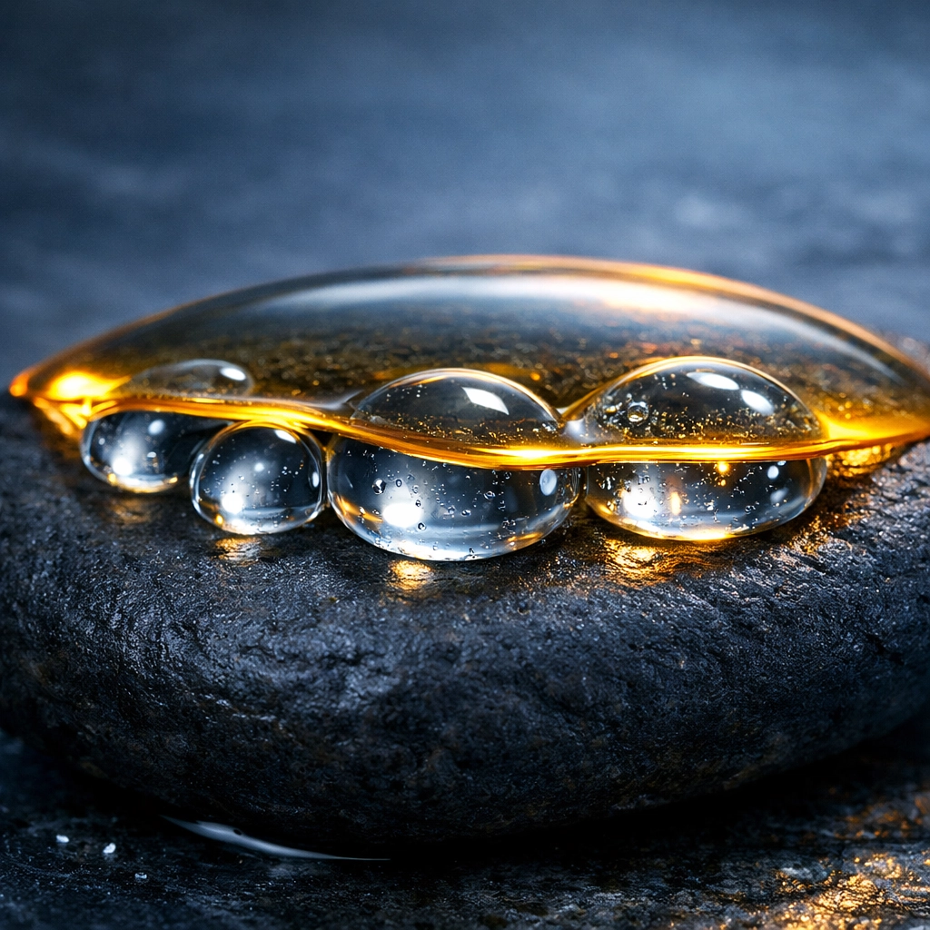 Water beads sealed under a golden lipid layer to illustrate how tallow and honey lock in skin moisture.