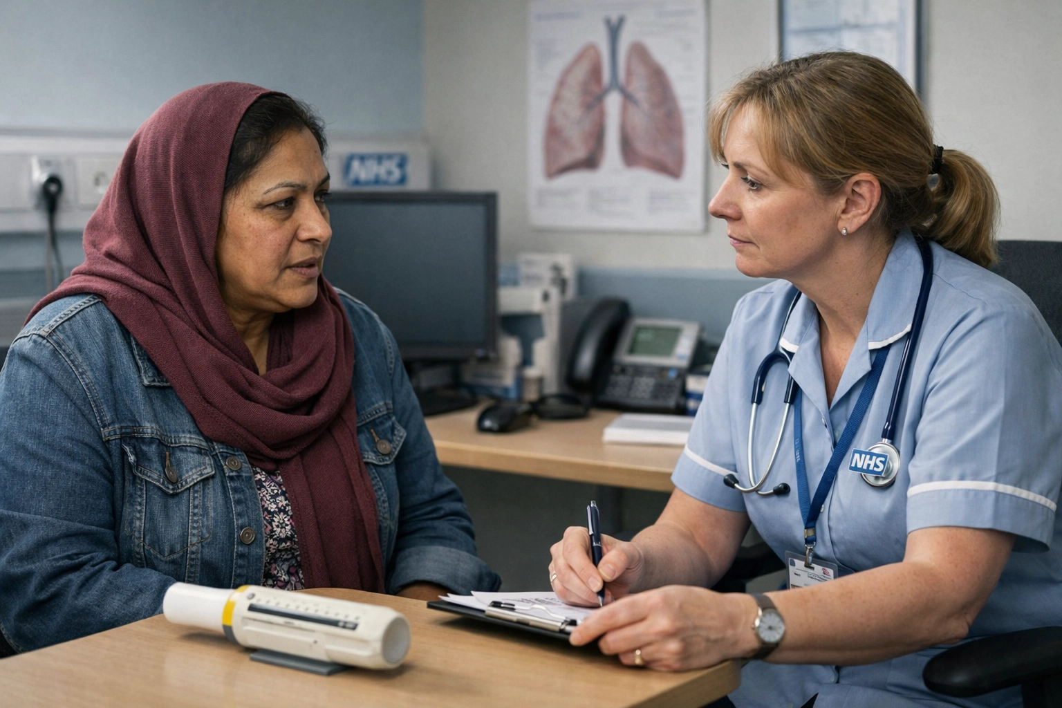Respiratory clinician and patient discussing asthma care and management in a UK NHS setting.