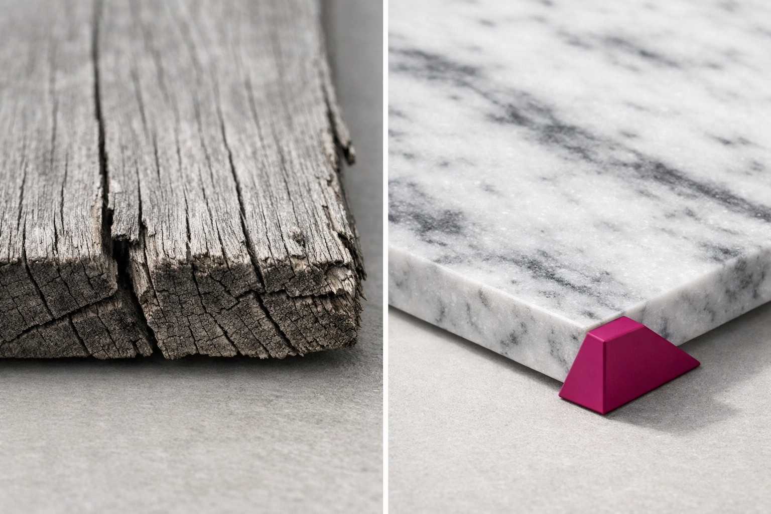 Comparison of weathered timber showing cracks versus a durable, marbled 100% recycled HDPE plastic panel.