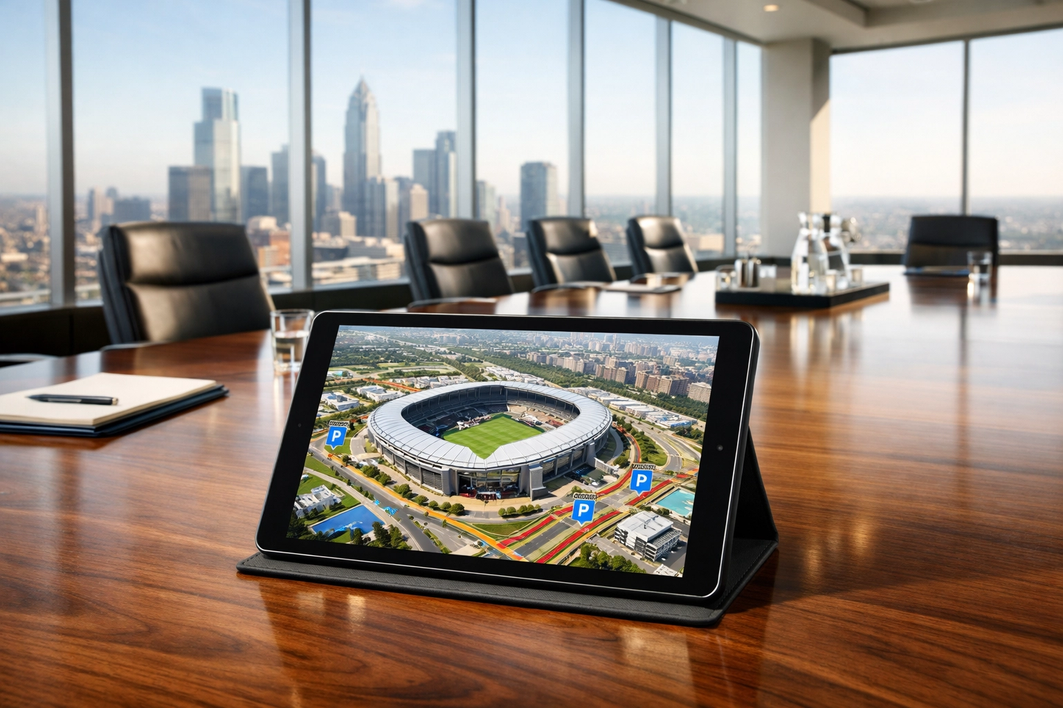 Executive planning Super Bowl logistics on a digital tablet in a modern boardroom.