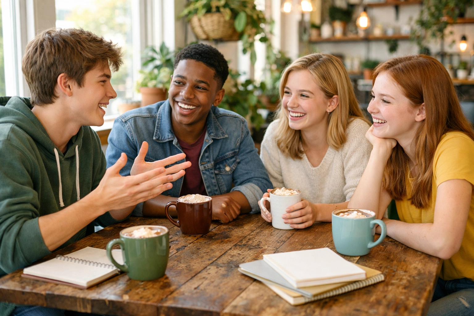 A diverse group of high schoolers leaning in toward each other at a coffee shop table, laughing and engaging in a deep conversation without a single phone in sight.