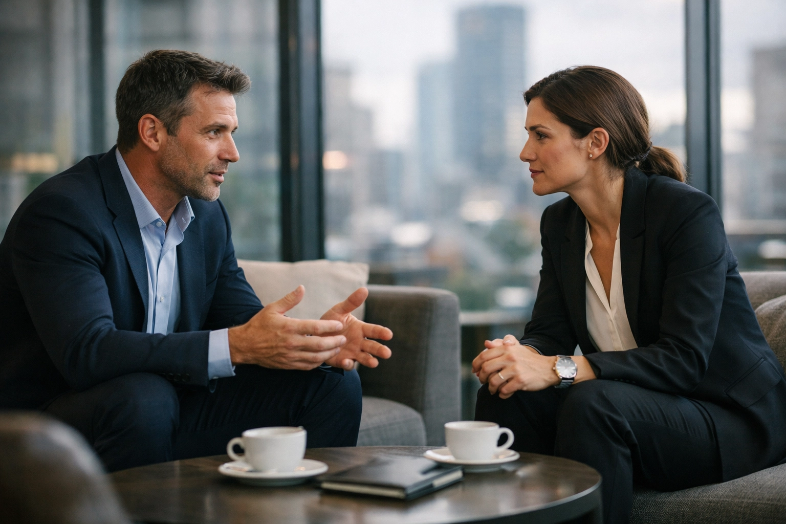 Two professionals in a strategic marketing conversation illustrating targeted business communication.