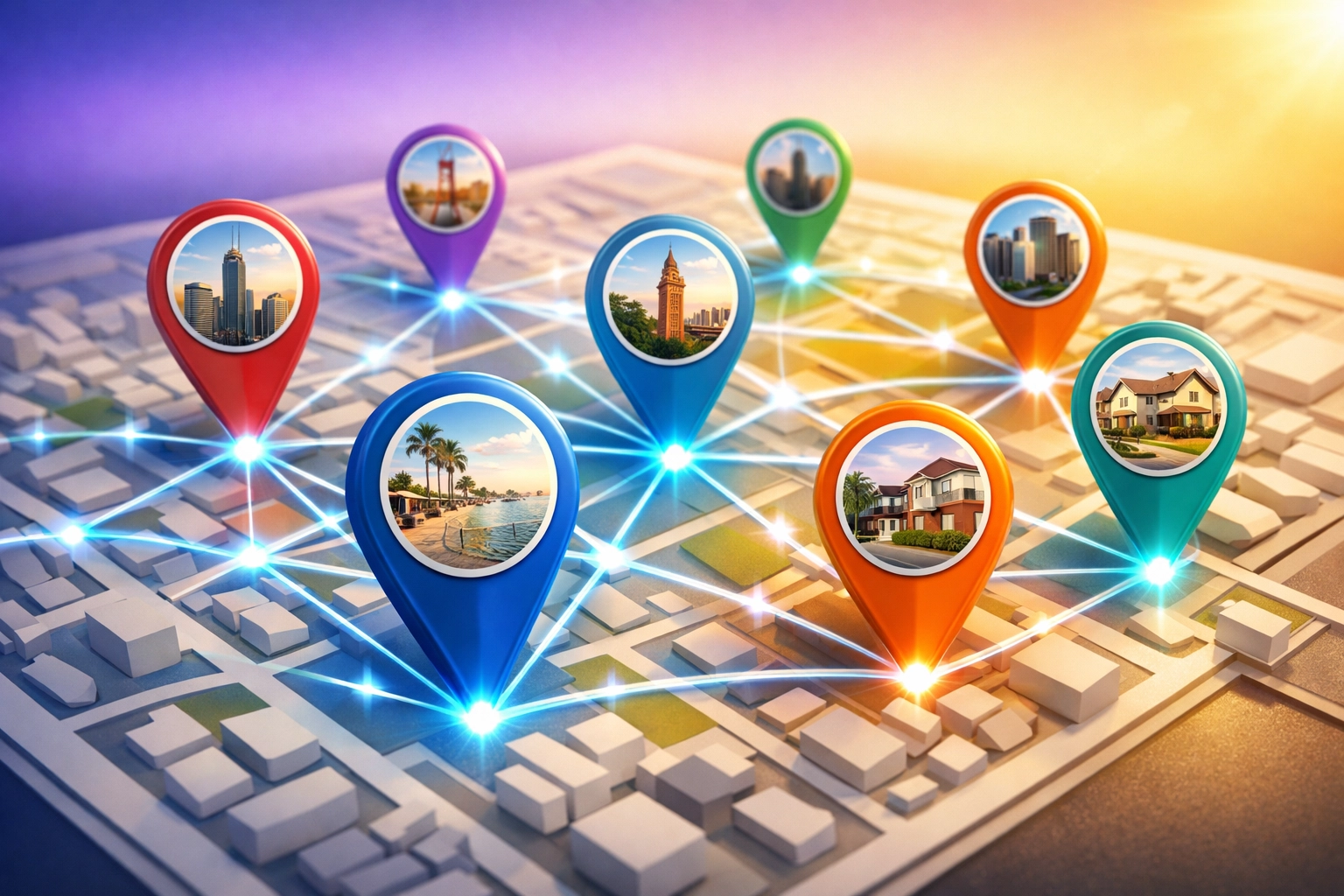 Digital map showing multiple business locations connected for local SEO strategy