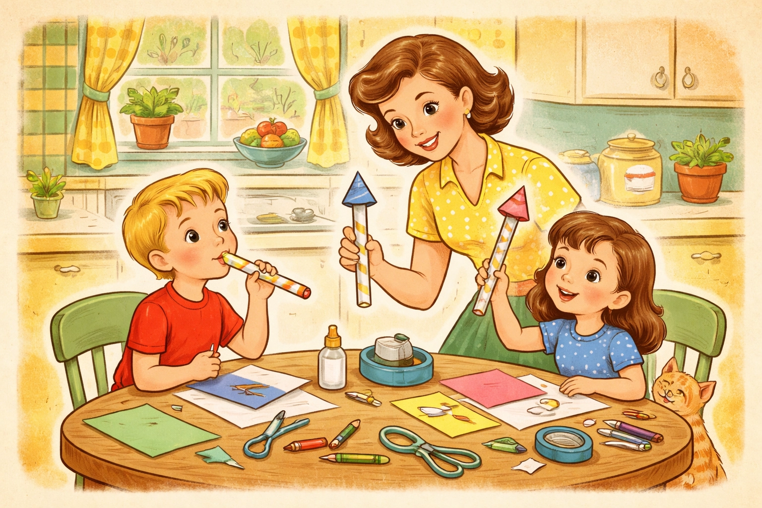 Family making DIY straw rockets in a sunny kitchen, surrounded by craft supplies and happy children.