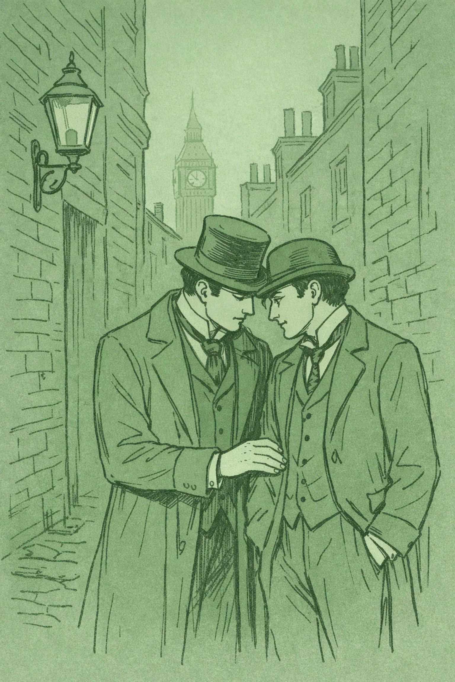 Two Victorian men sharing a secret romantic moment in a historic Soho alleyway.