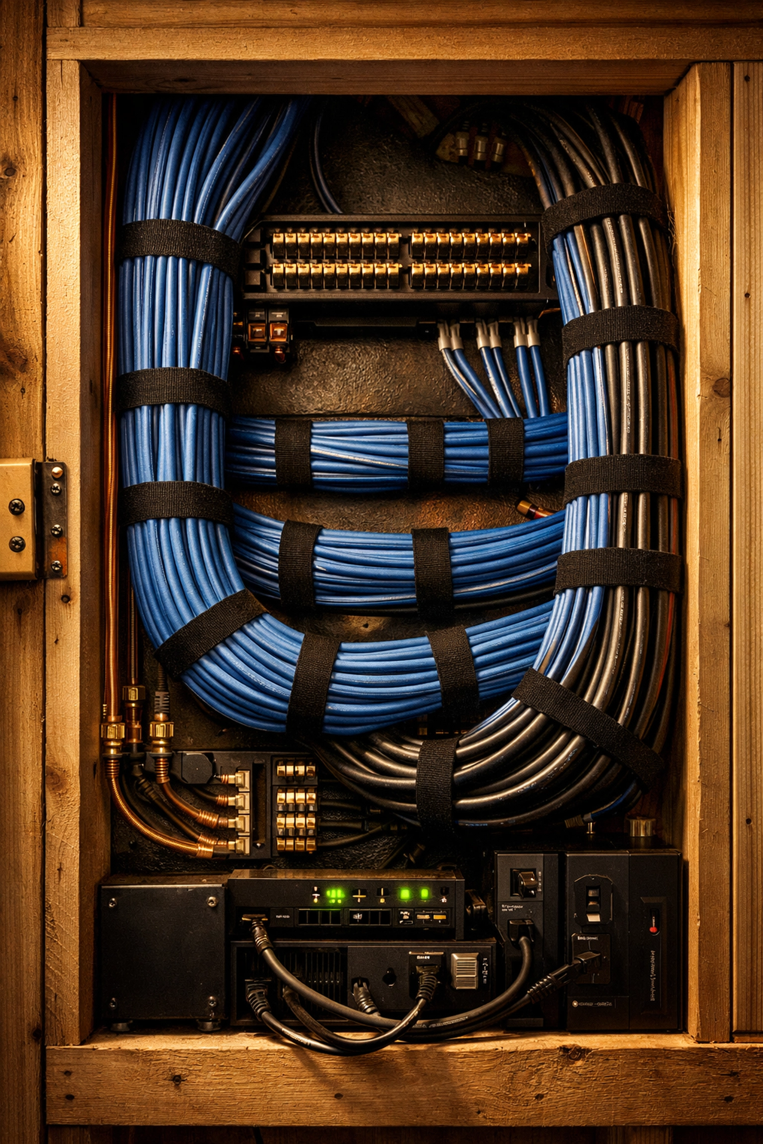 Professional smart home wiring with organized Cat6 cables inside wall studs during construction.