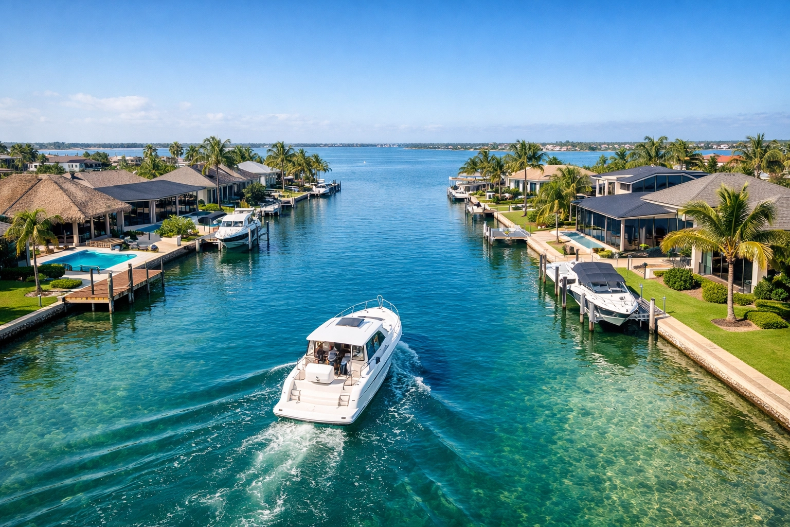 White motorboat cruising through a Cape Coral canal past luxury waterfront homes toward the river.