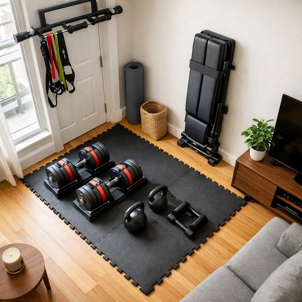 Renter-friendly home gym setup with dumbbells, resistance bands, and foam mats in apartment