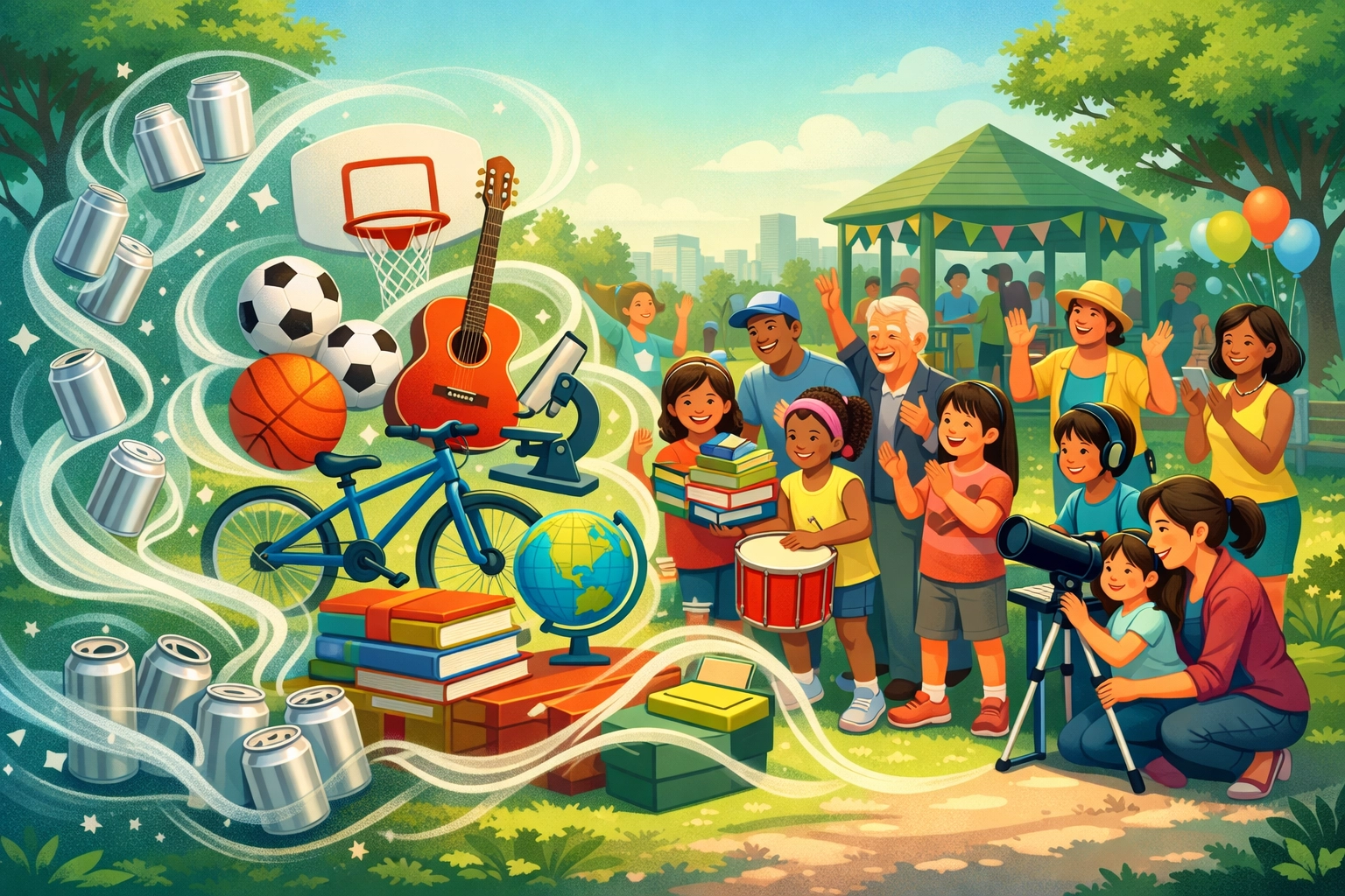 Community members celebrating local fundraising from aluminum can recycling donations