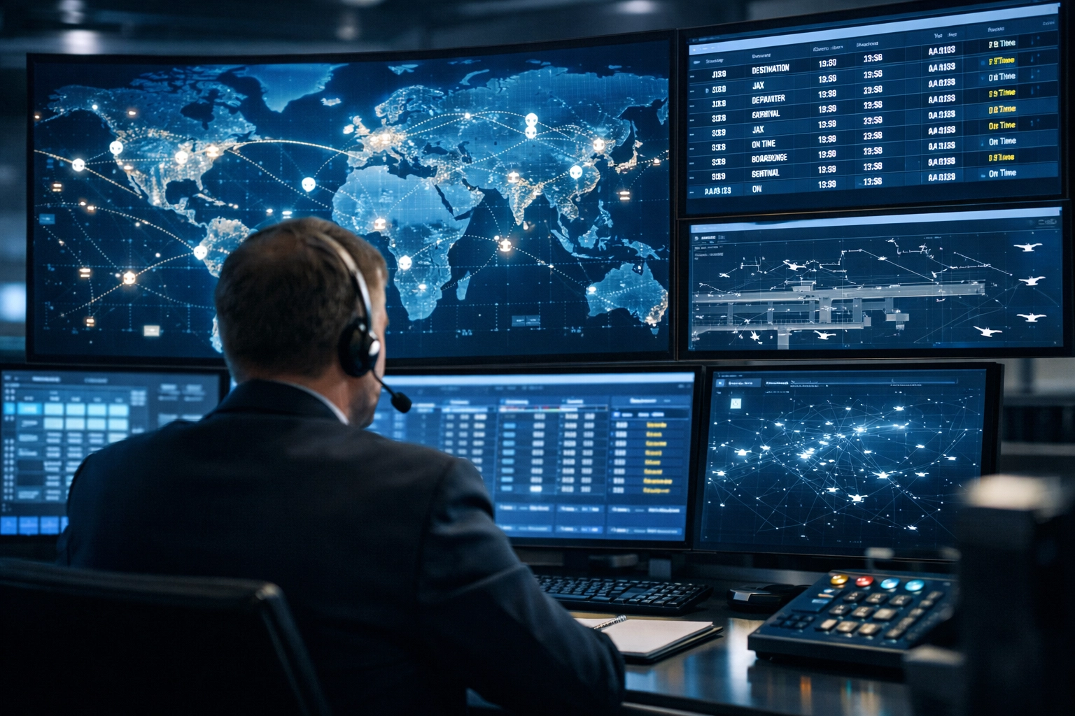 High-tech logistics command center managing complex Super Bowl executive travel programs.