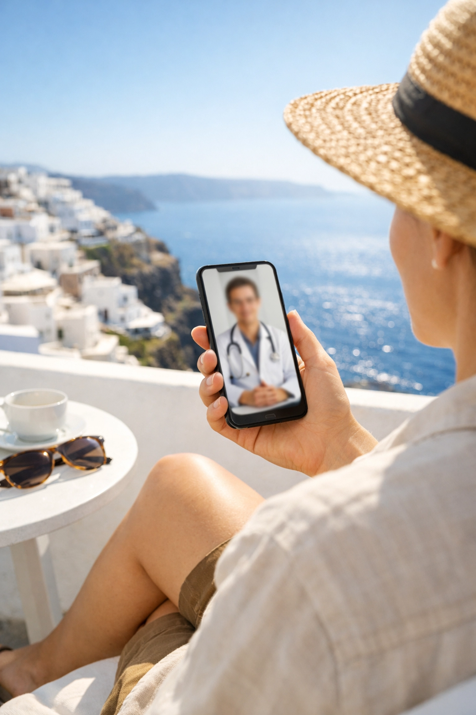 A traveller using a smartphone for a digital doctor consultation while on holiday in a Mediterranean town.