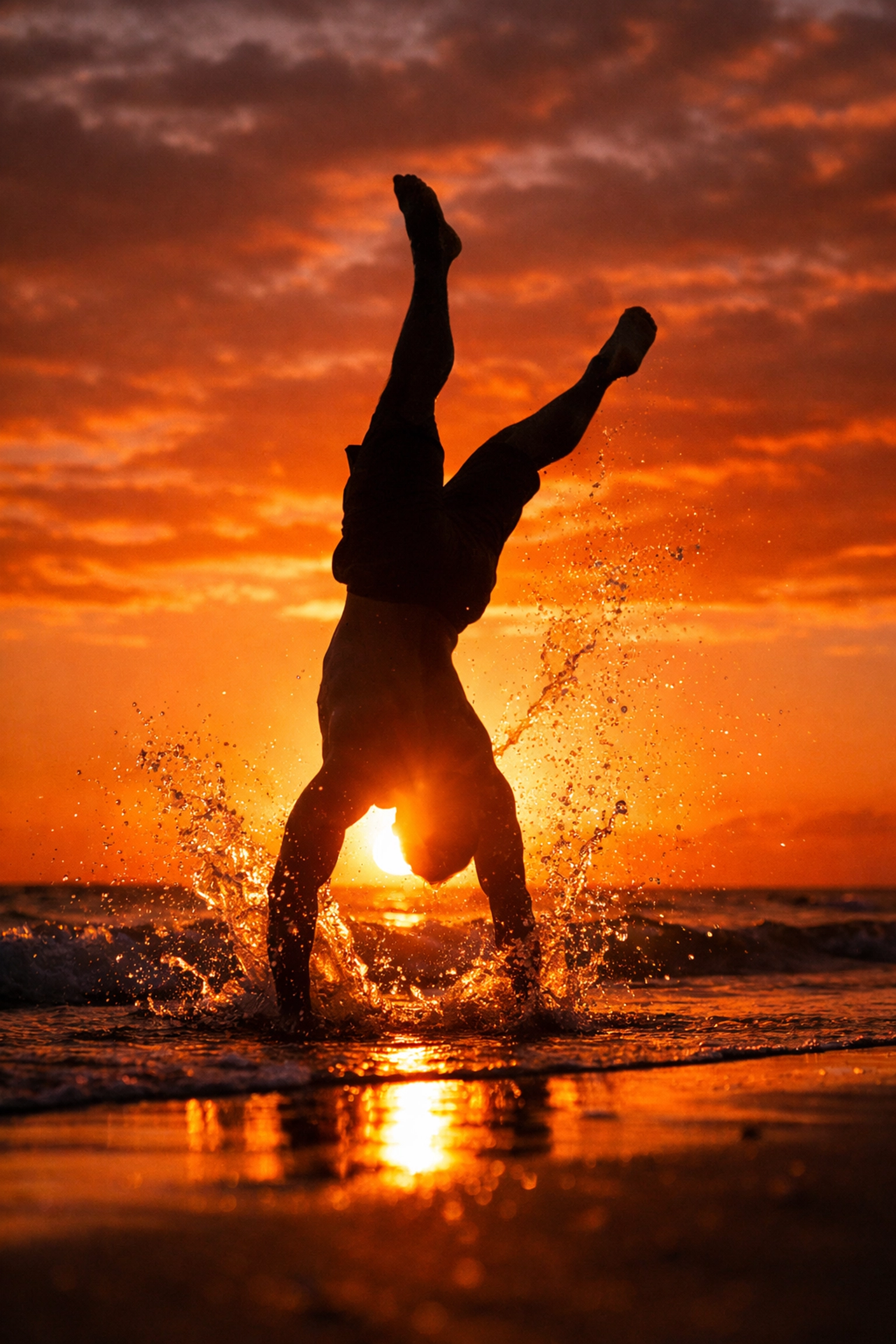 Man doing handstand silhouette on beach at sunset celebrating freedom