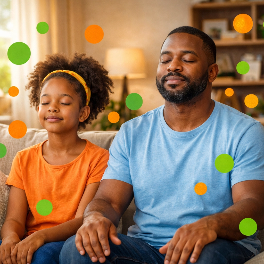 Father and daughter practicing breathing exercises together for emotional regulation