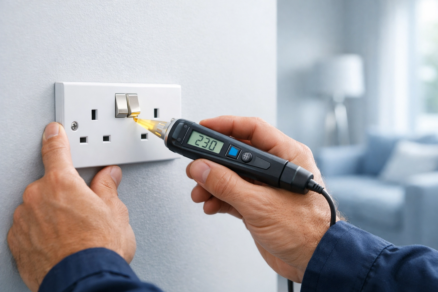 Professional electrician in Dorset performing an electrical safety check on a socket in a Poole home.