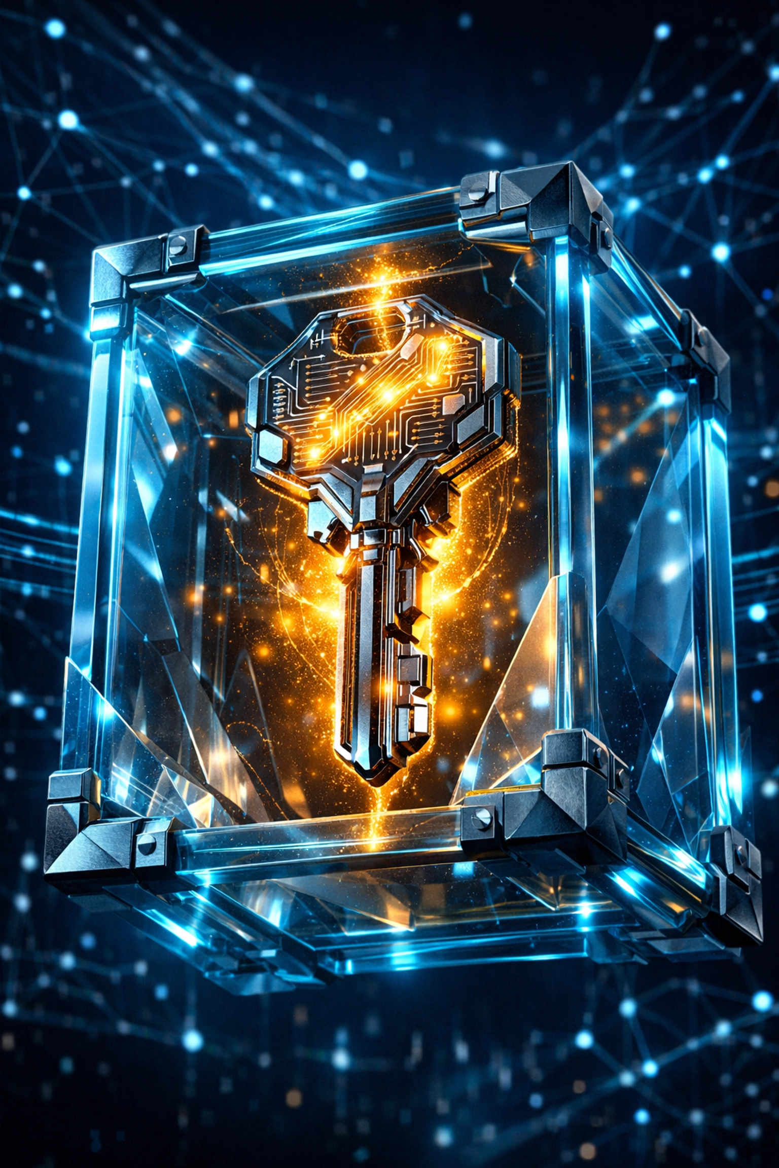 Secure digital key in a safe representing self-custody for crypto merchant accounts.