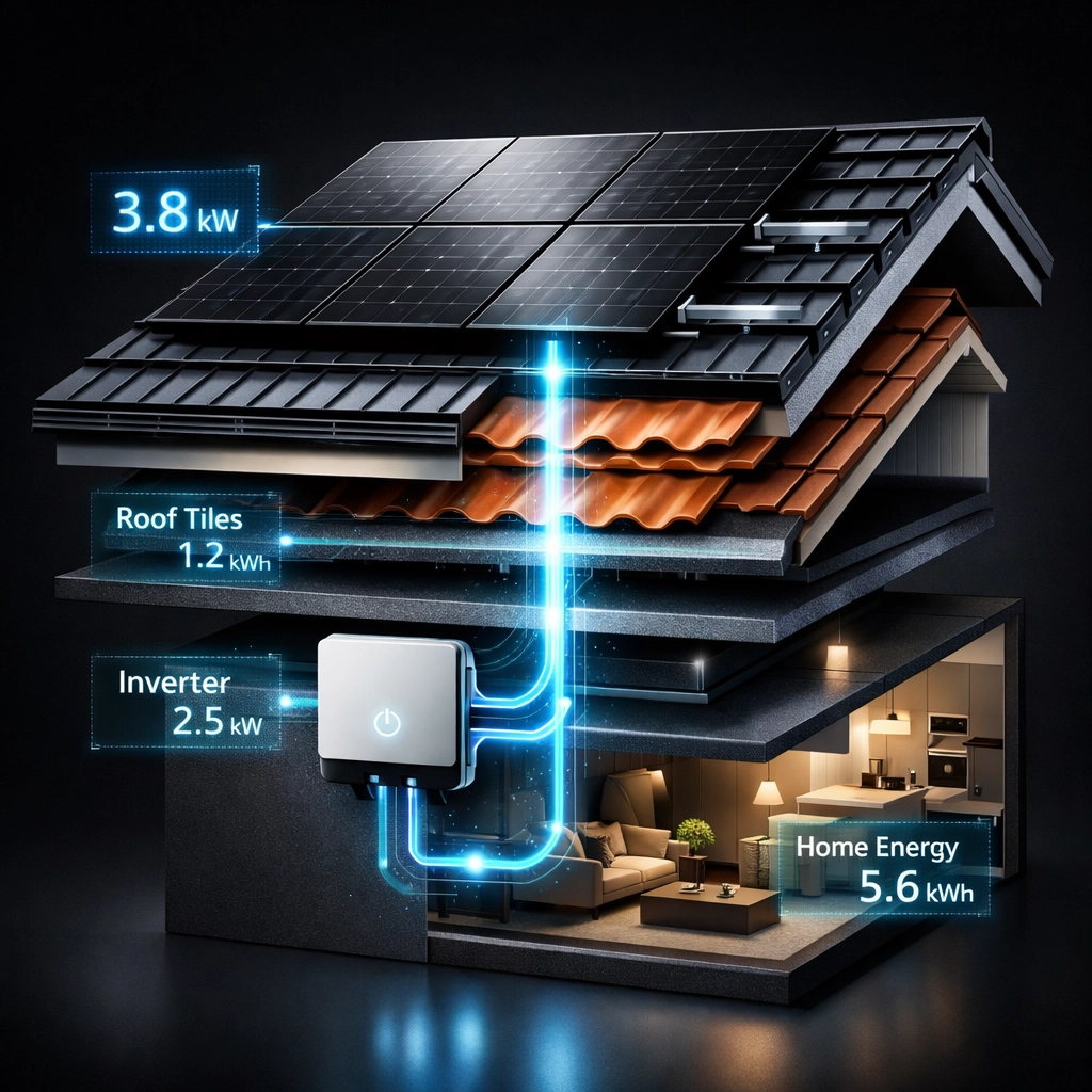 Cross-section diagram of solar panel installation showing components and energy flow