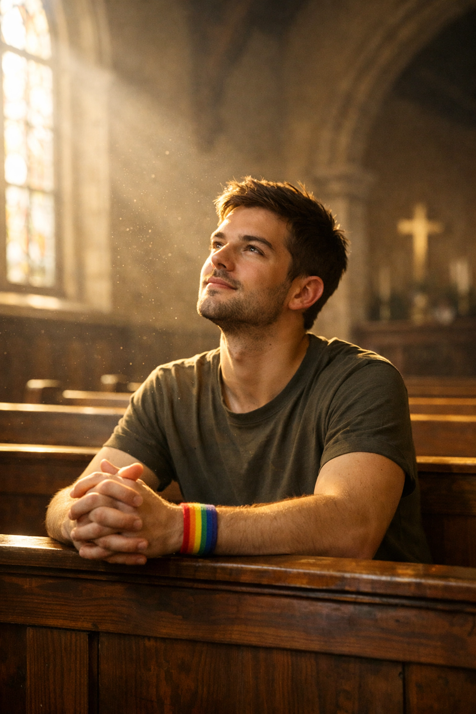 A young gay man with a rainbow wristband sitting peacefully in a church pew reflecting on faith and sexuality.