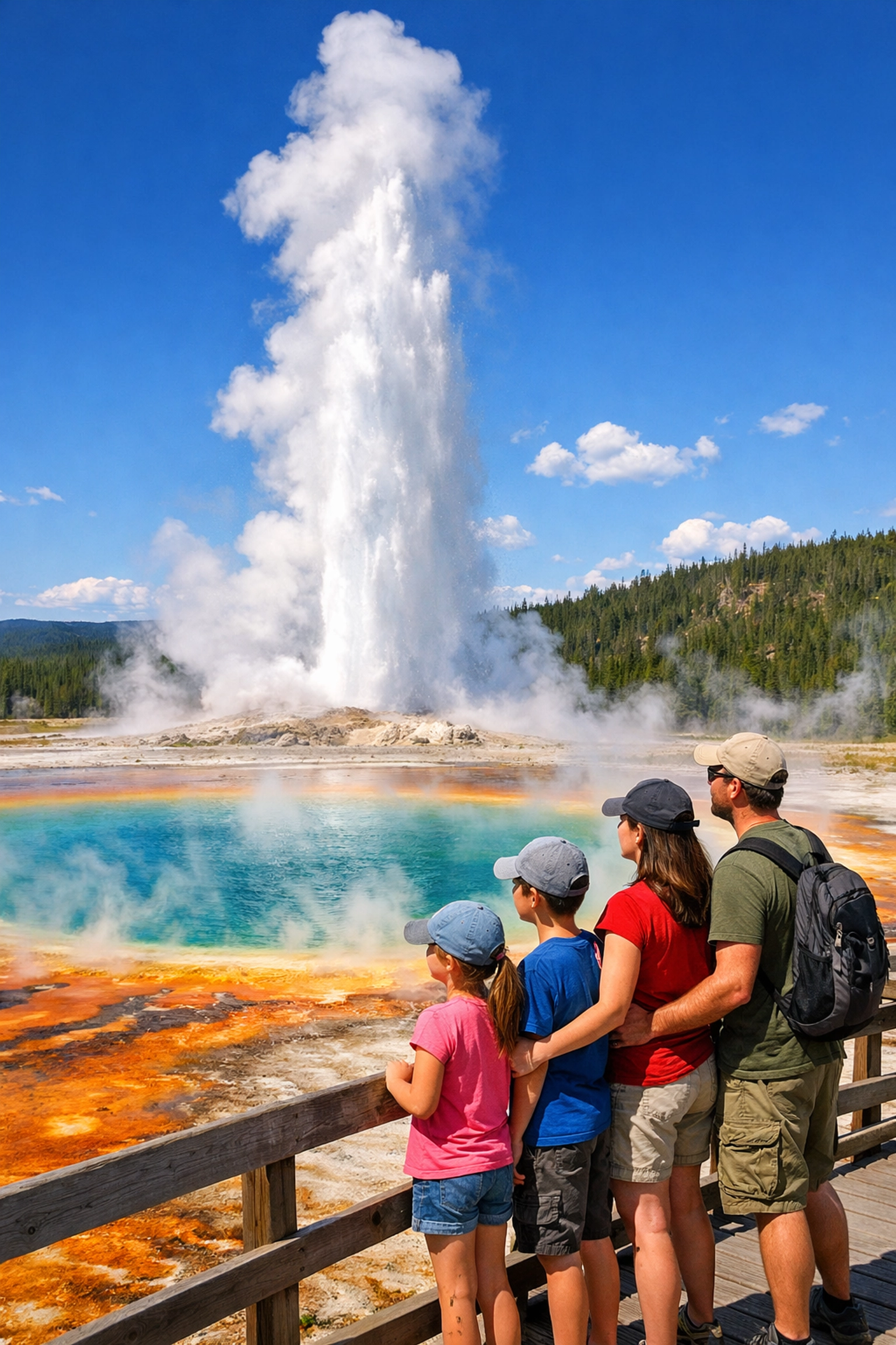 A family watching a geyser at Yellowstone, showcasing fun outdoor travel activities and national park adventures.