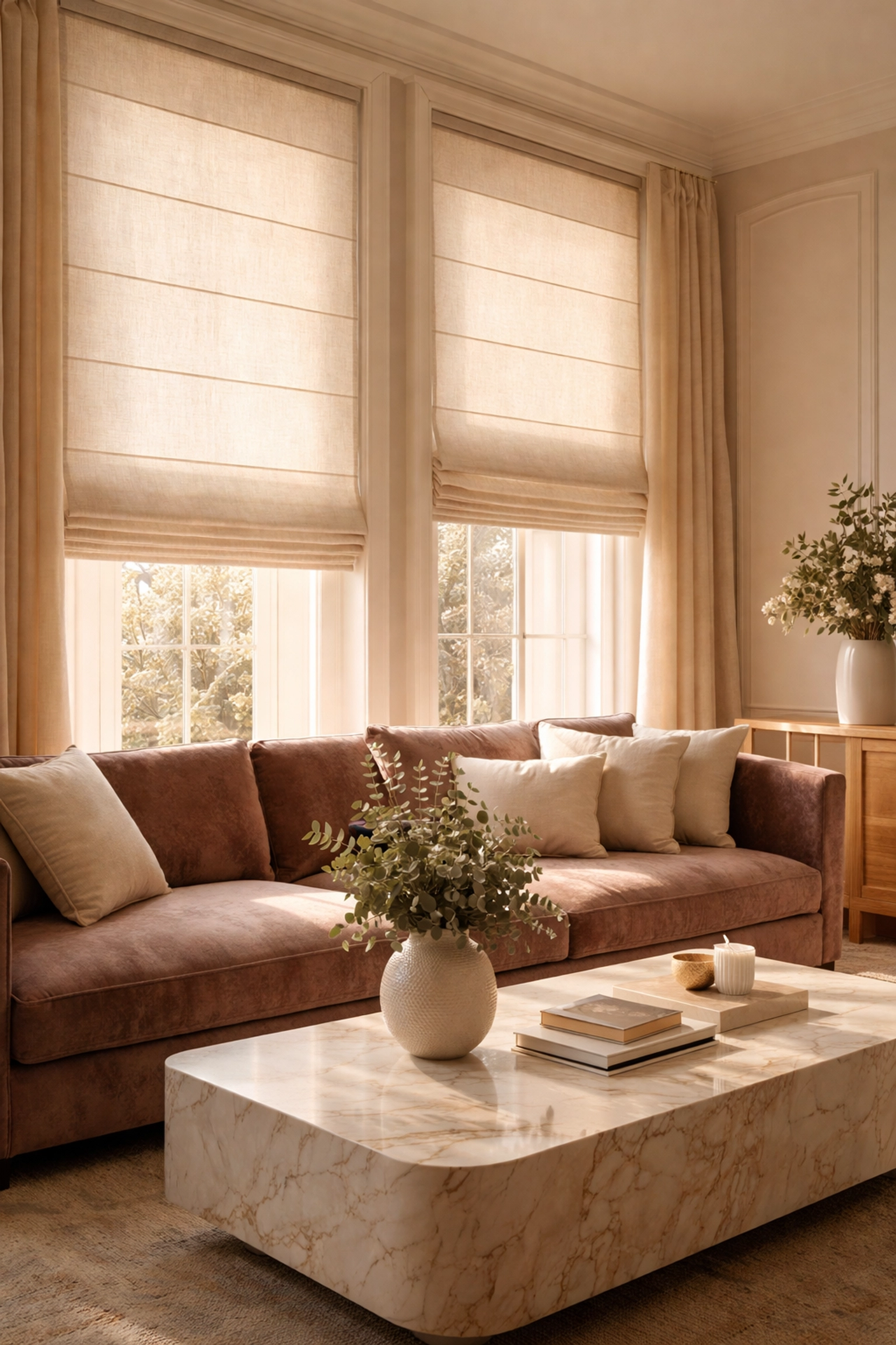 Elegant living room with custom Roman shades filtering sunlight, reducing glare while enhancing interior comfort and style.
