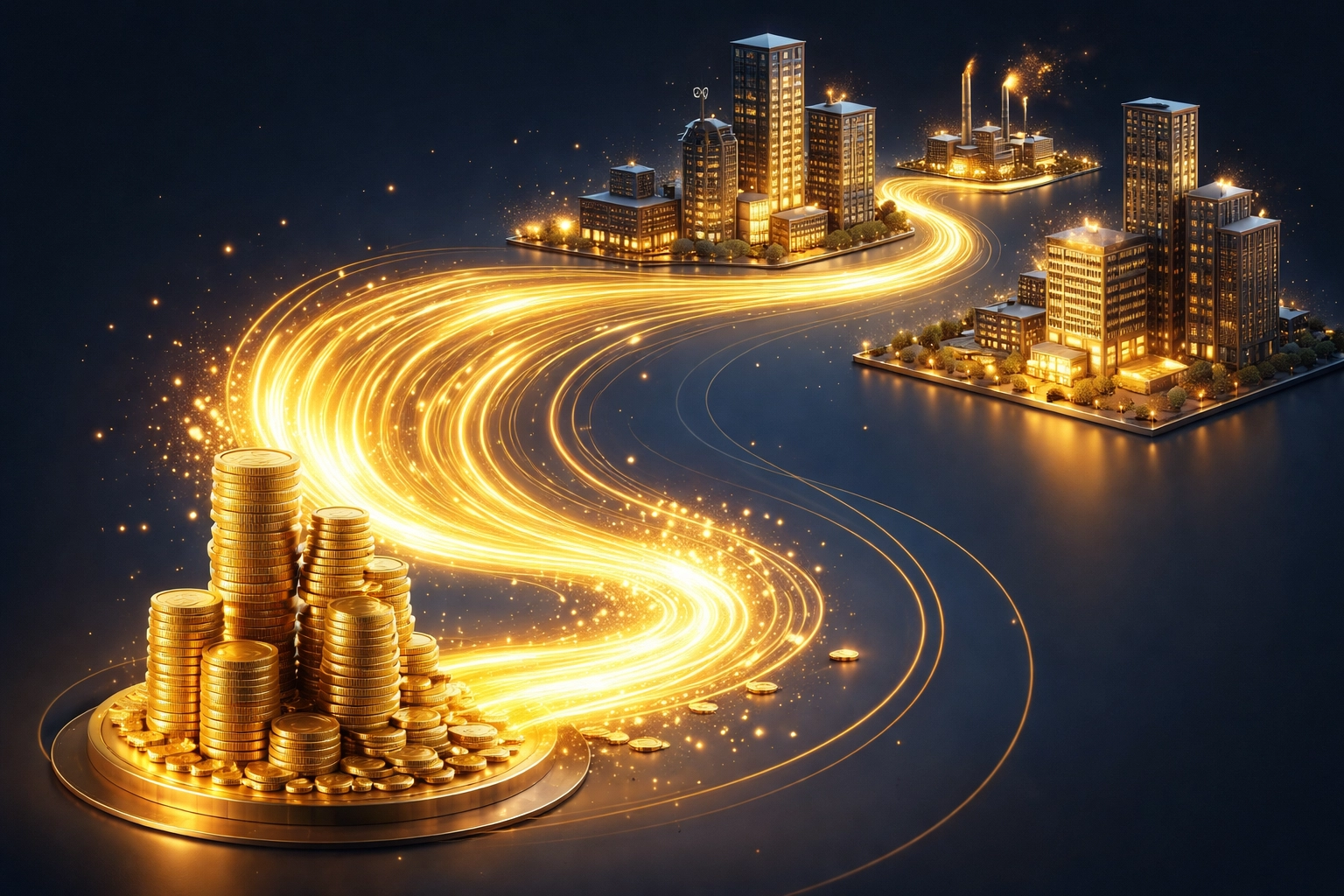 Stacks of gold coins flow toward business towers, illustrating private credit and capital flow opportunities.
