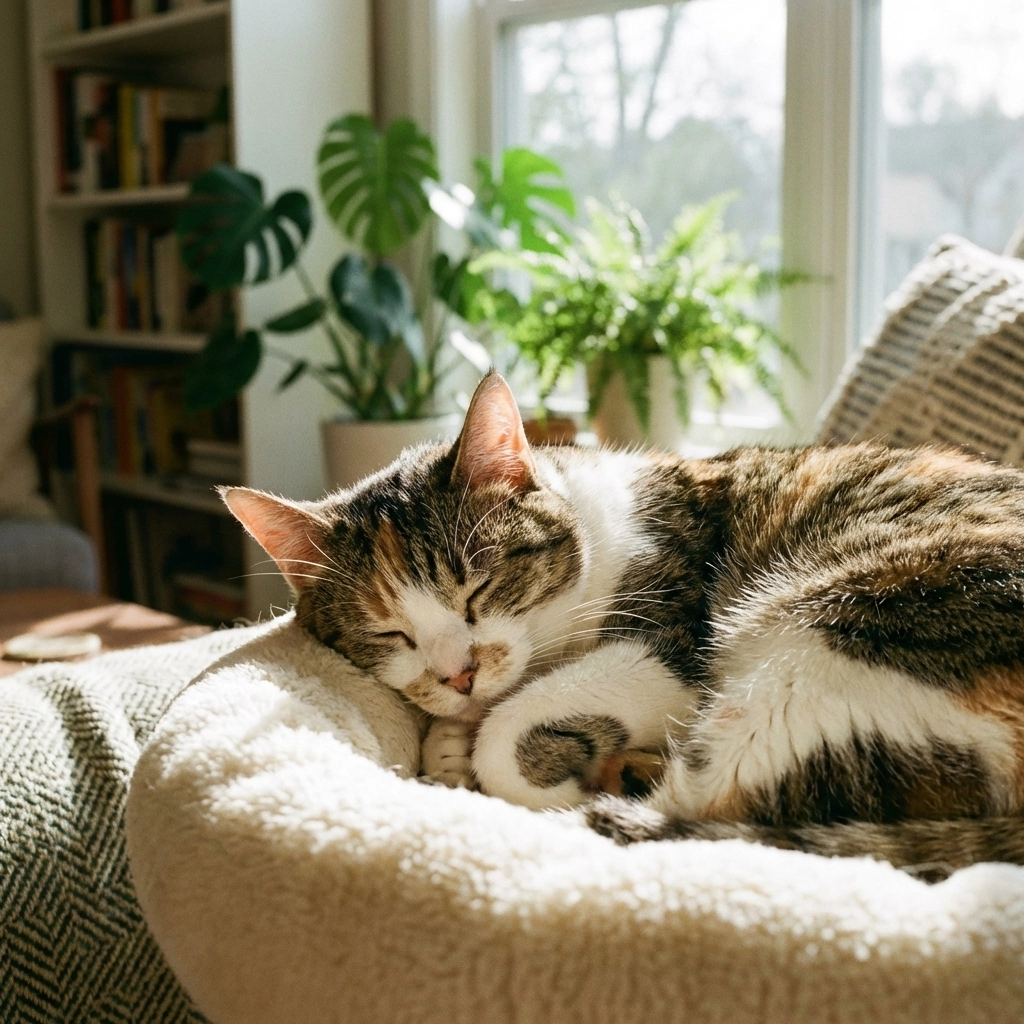 Senior calico cat sleeping peacefully in a sunlit Bay Area home, illustrating comfort and reduced stress of in-home cat sitting.