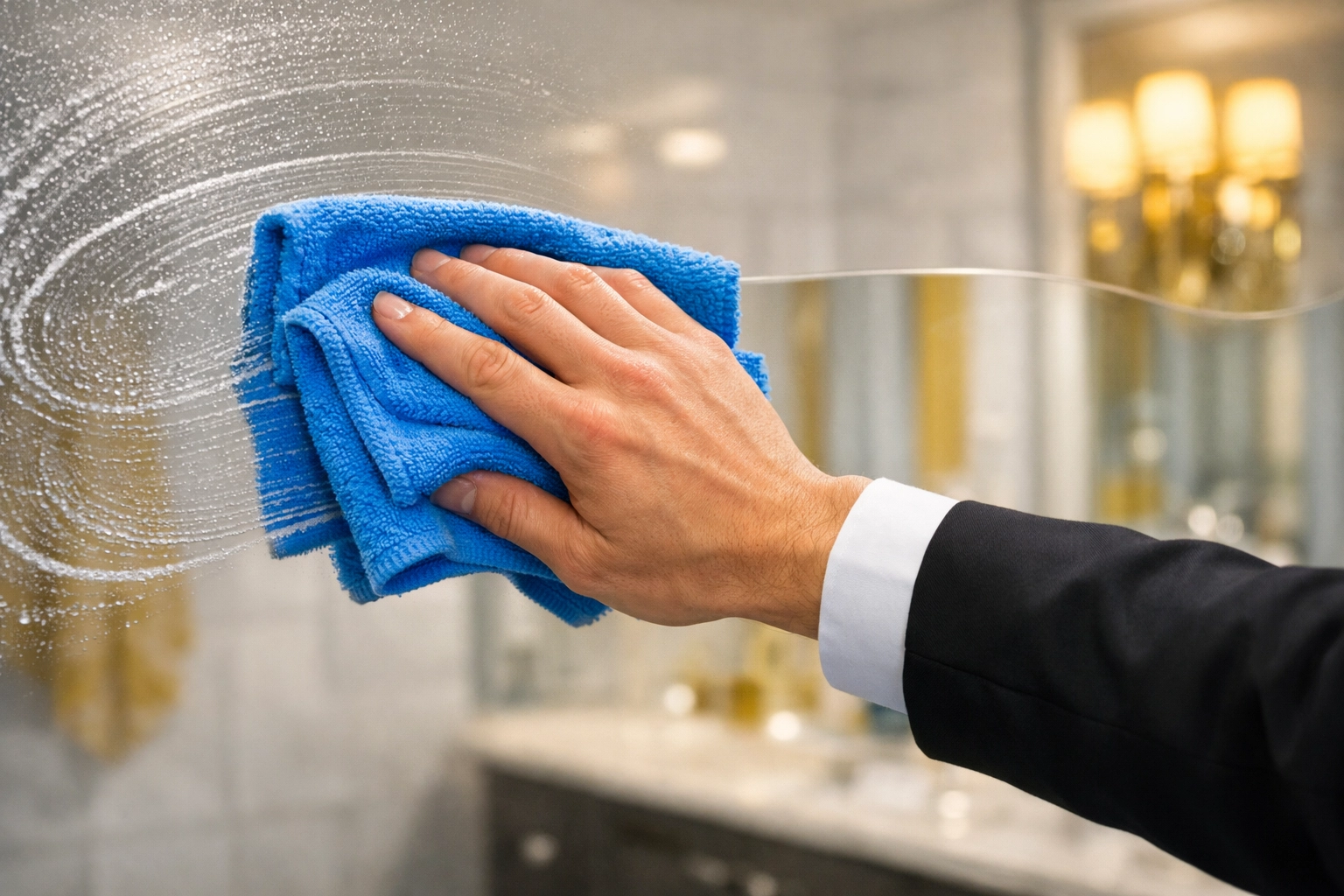 Professional S-pattern wiping technique for streak-free mirrors during deep cleaning Worcester.