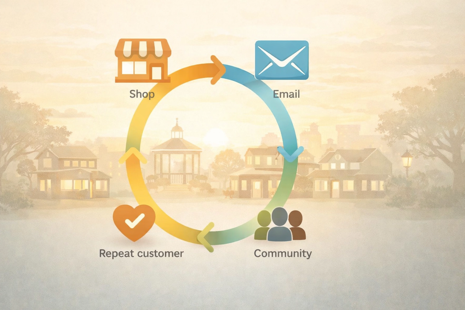Visual representation of a Summerville loyalty loop showing residents returning to shops and cafes in the town square.