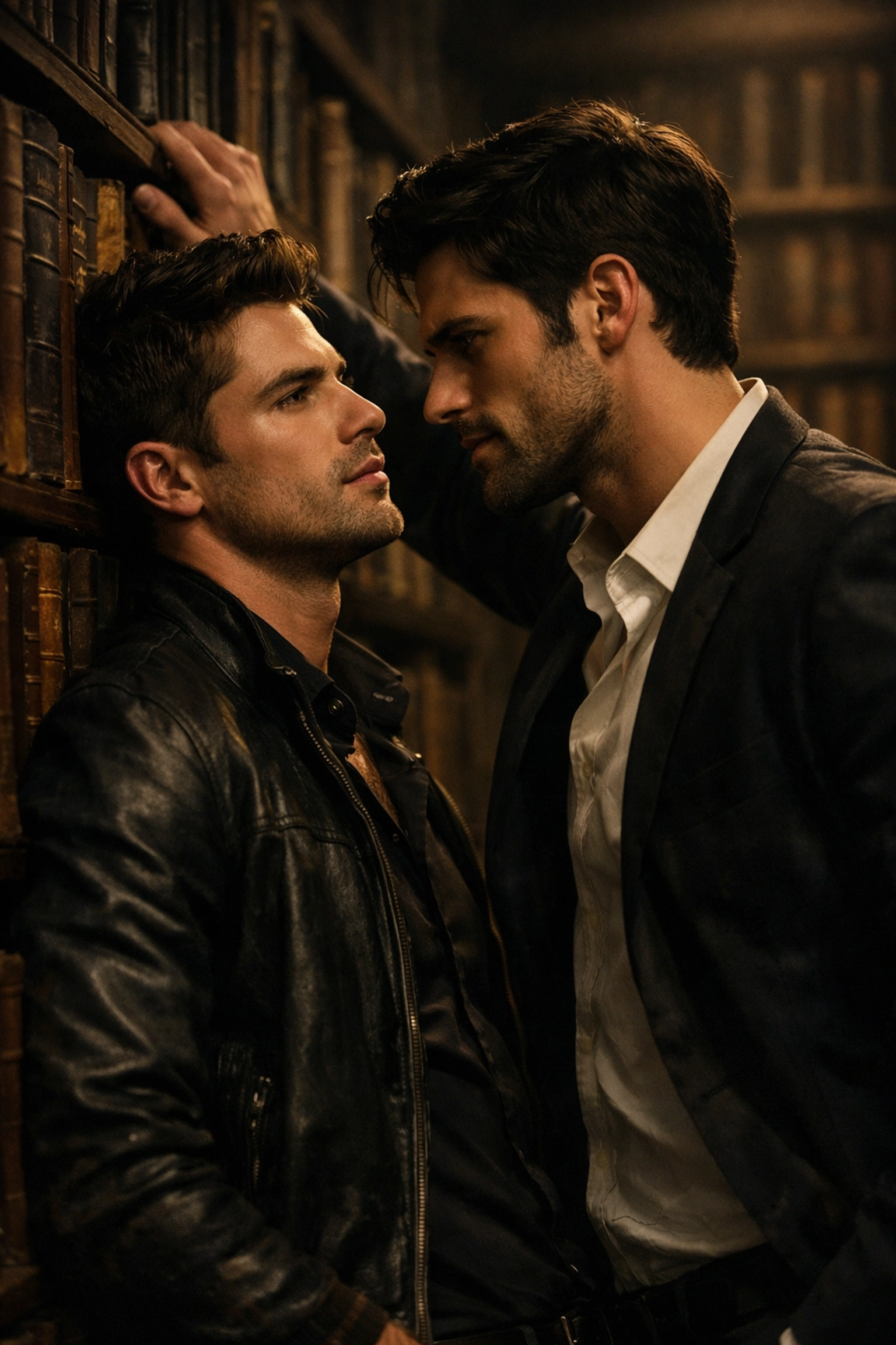 Two men in a library library, capturing the tension of an enemies to lovers gay romance trope.