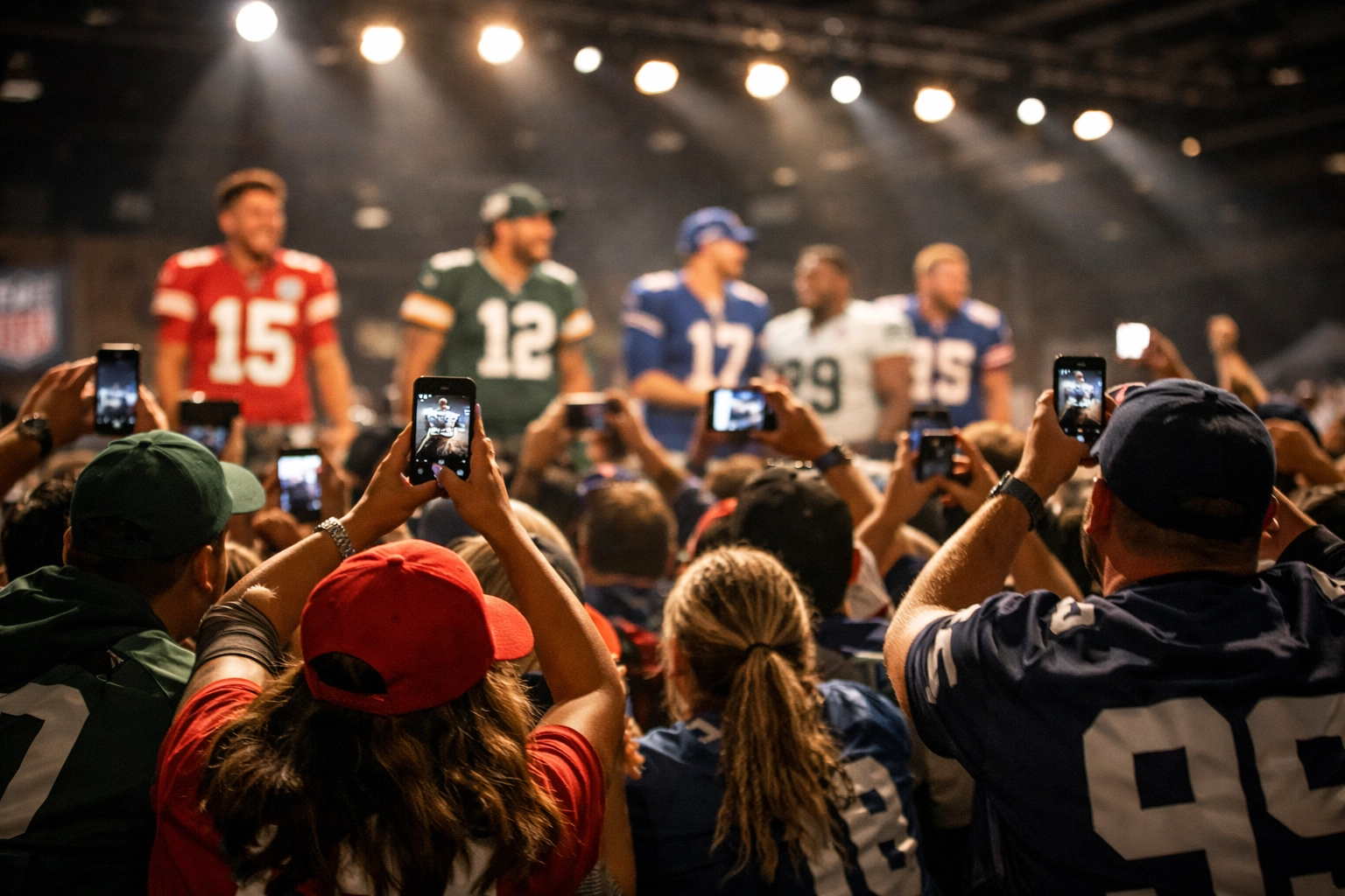 Excited football fans engaging with NFL players at Super Bowl Opening Night convention event