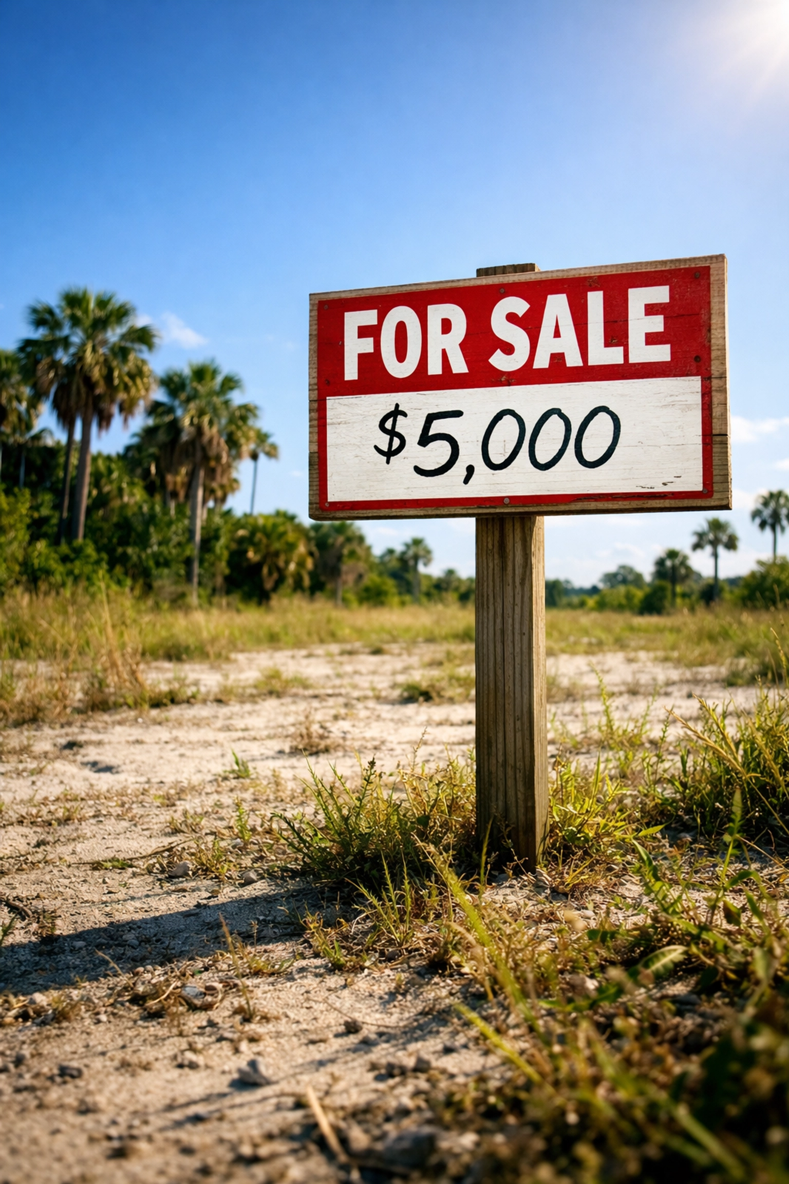 For sale sign on vacant Florida lot with palm trees showing below-market pricing